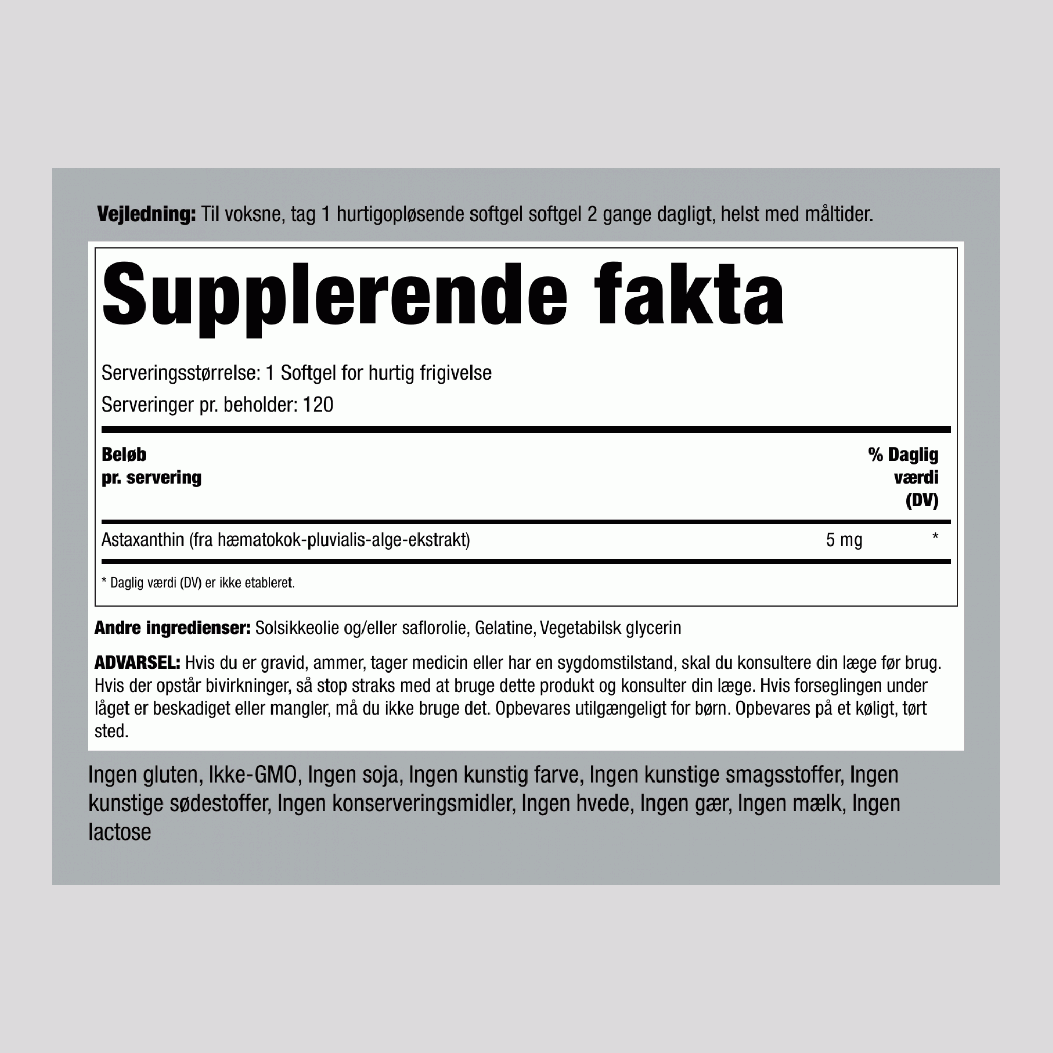 Astaxanthin,  5 mg 120 Kapsler for hurtig frigivelse 2 Flasker