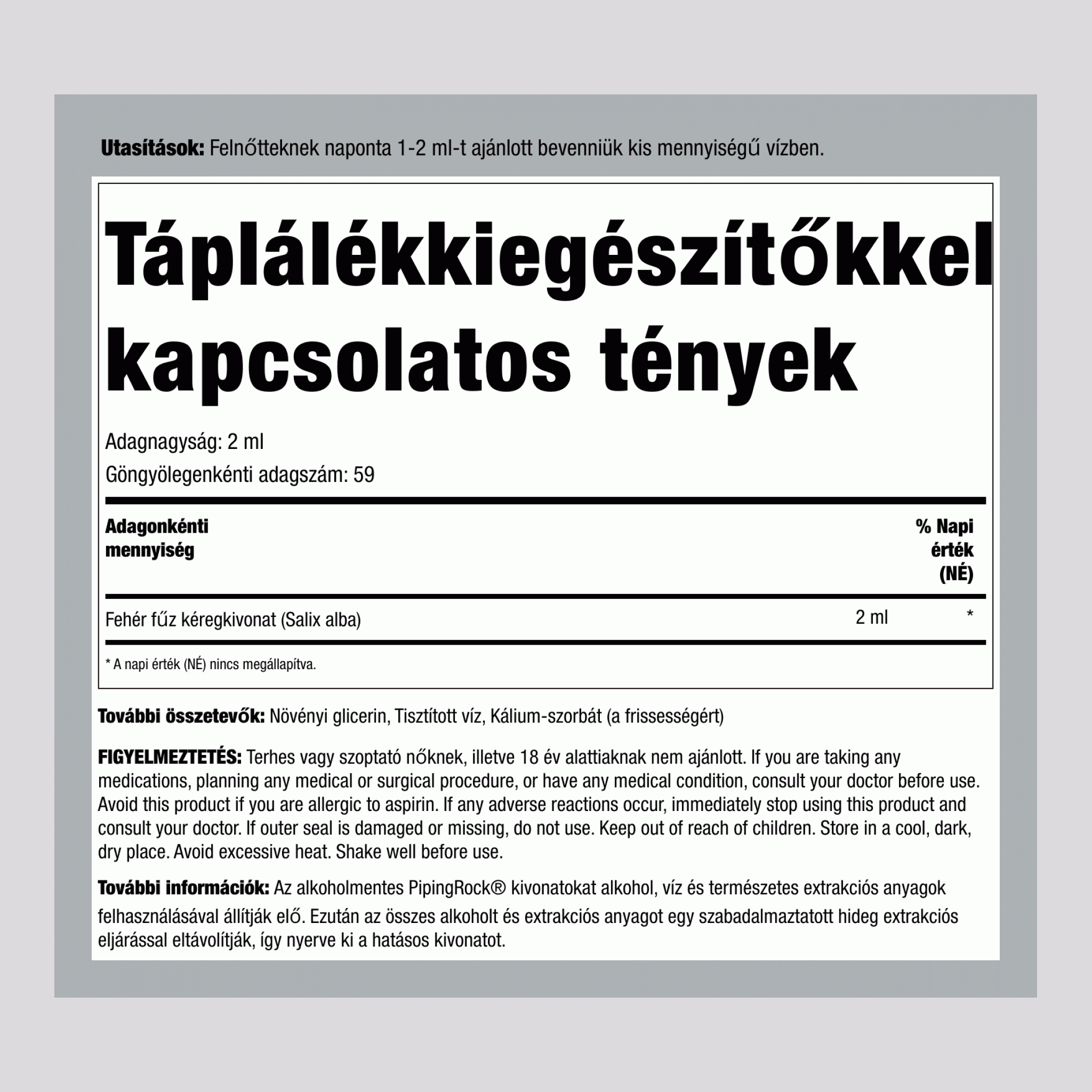 Fehér fűz kérgének kivonata (folyadék), alkoholmentes 4 fl oz 118 ml Cseppentőpalack   