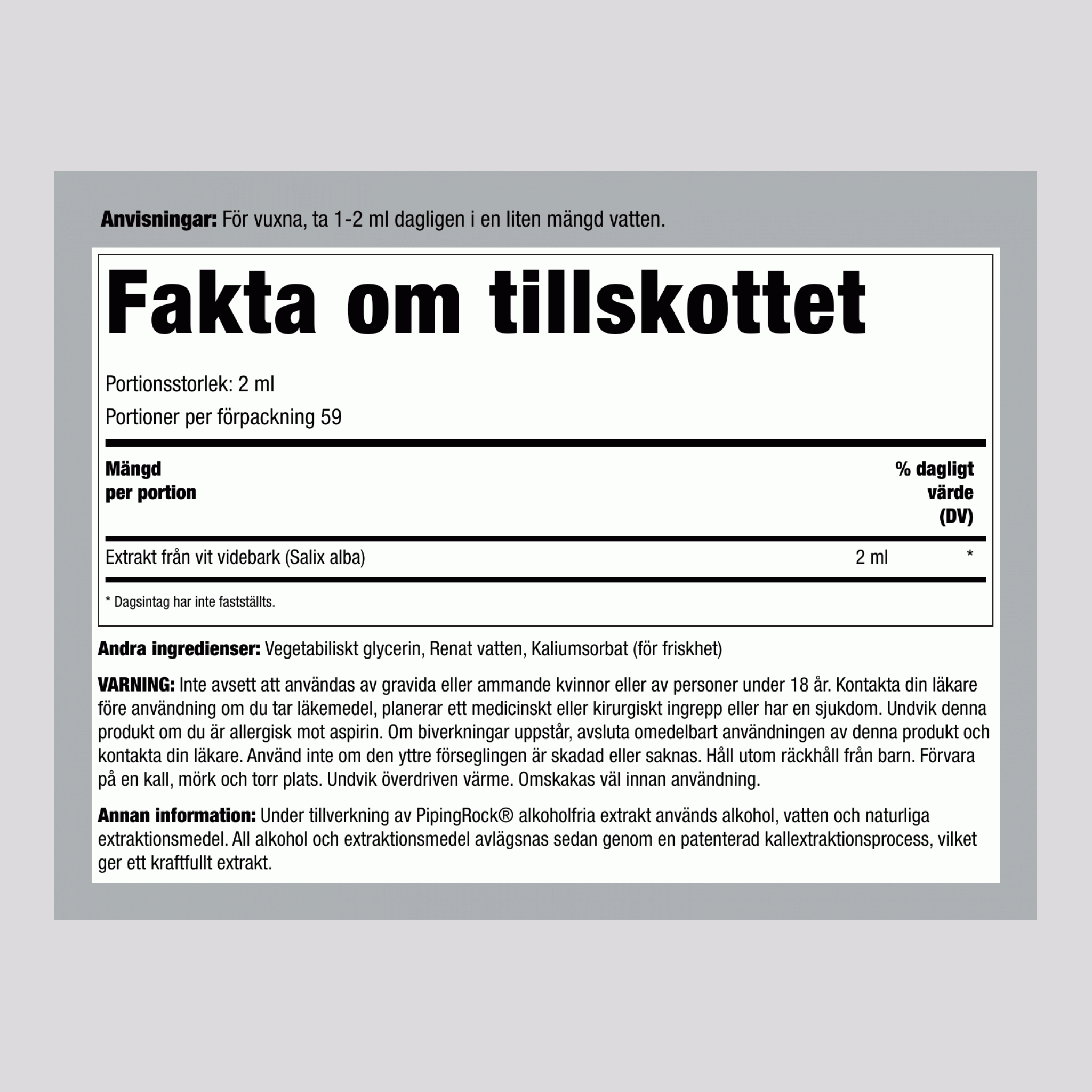 Flytande extrakt av vitpilsbark (alkoholfri) 4 fl oz 118 ml Pipettflaska   