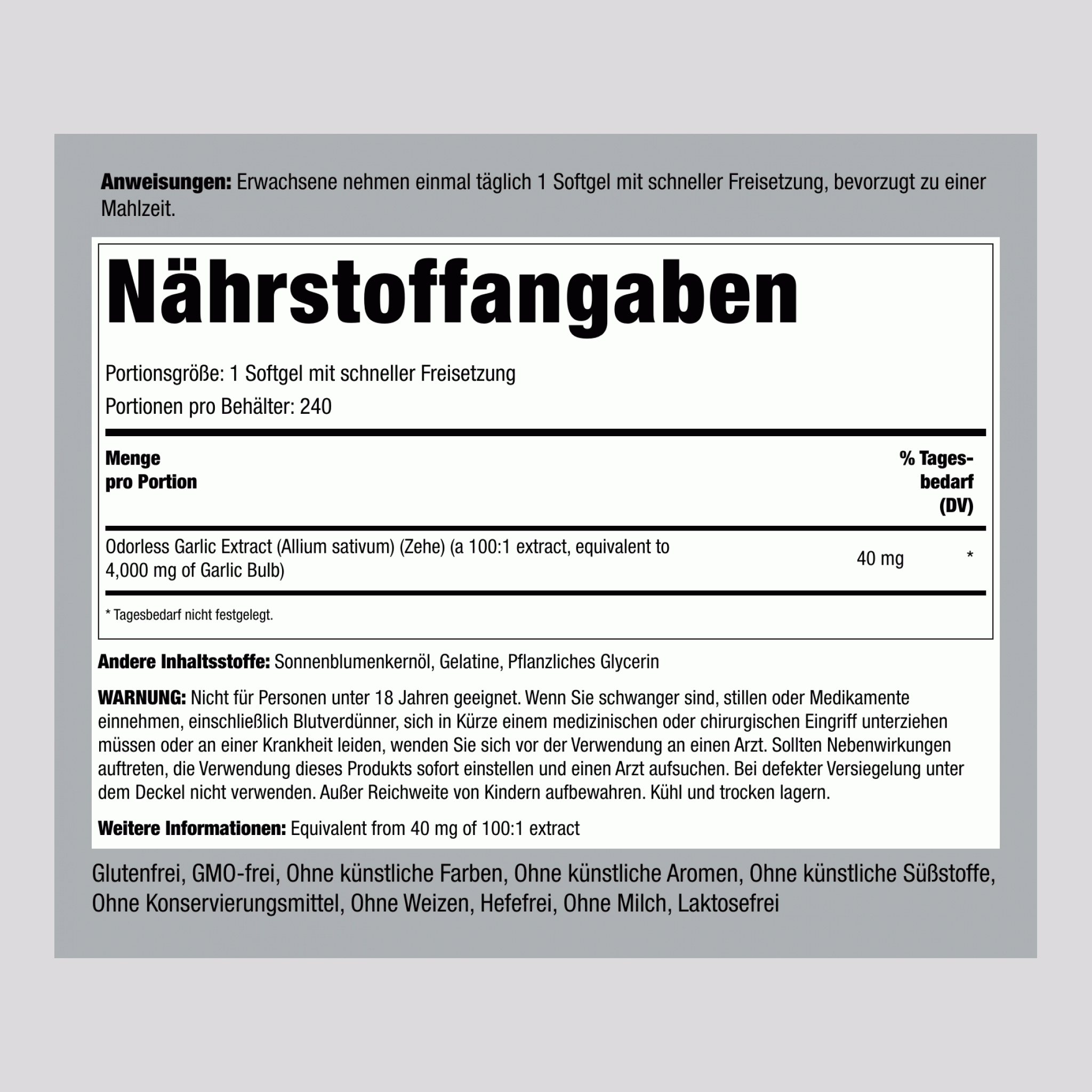 Geruchloser Knoblauch, 4000 mg, 240 Schnellfreisetzende Softgels