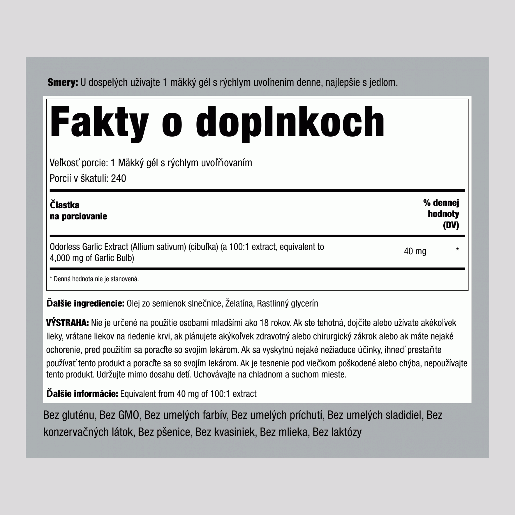 Bezvonný cesnak, 4000 mg, 240 rýchlorozpustných kapsúl