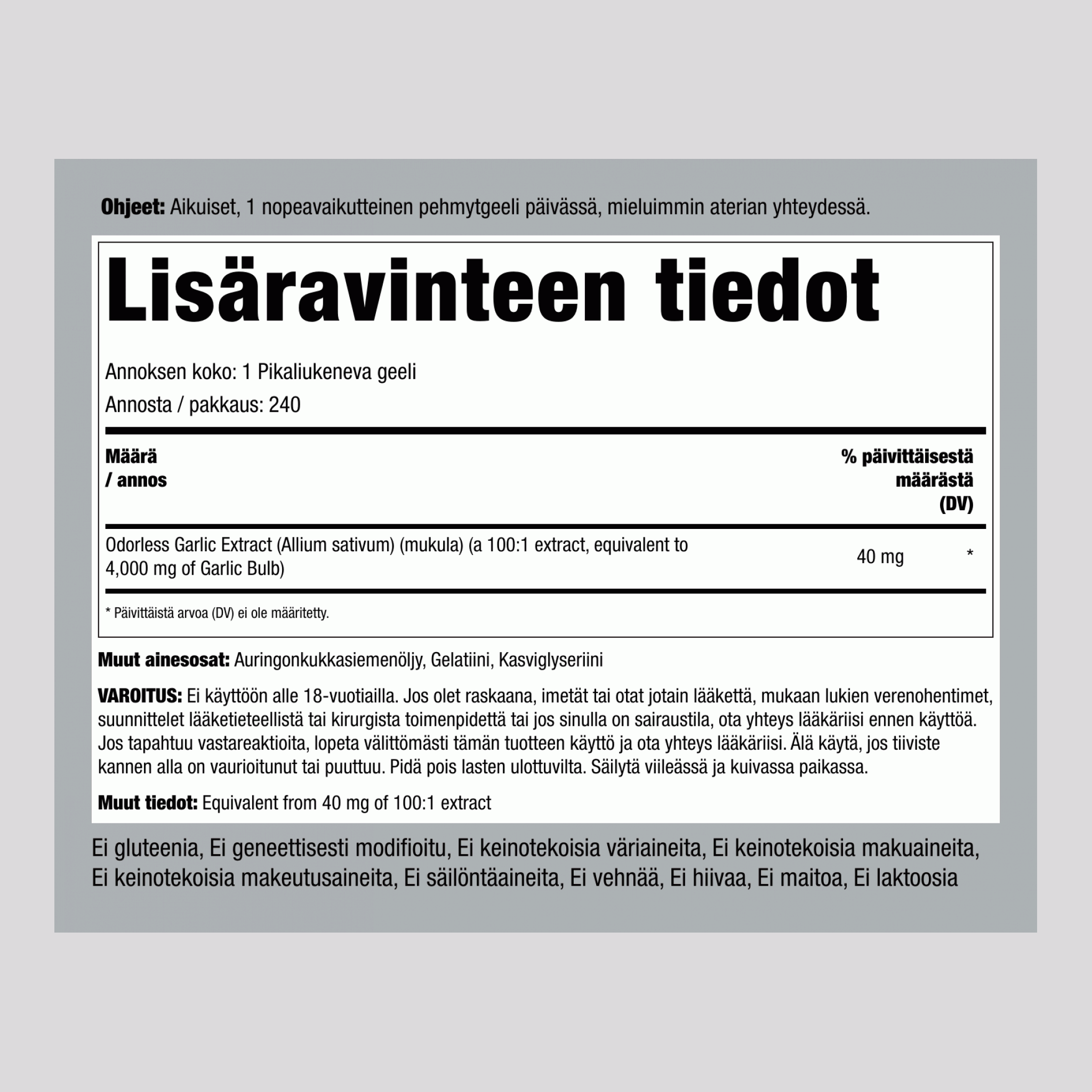 Hajuton valkosipuli, 4000 mg, 240 pikaisesti vapautuvaa pehmeää kapselia, 2 pulloa