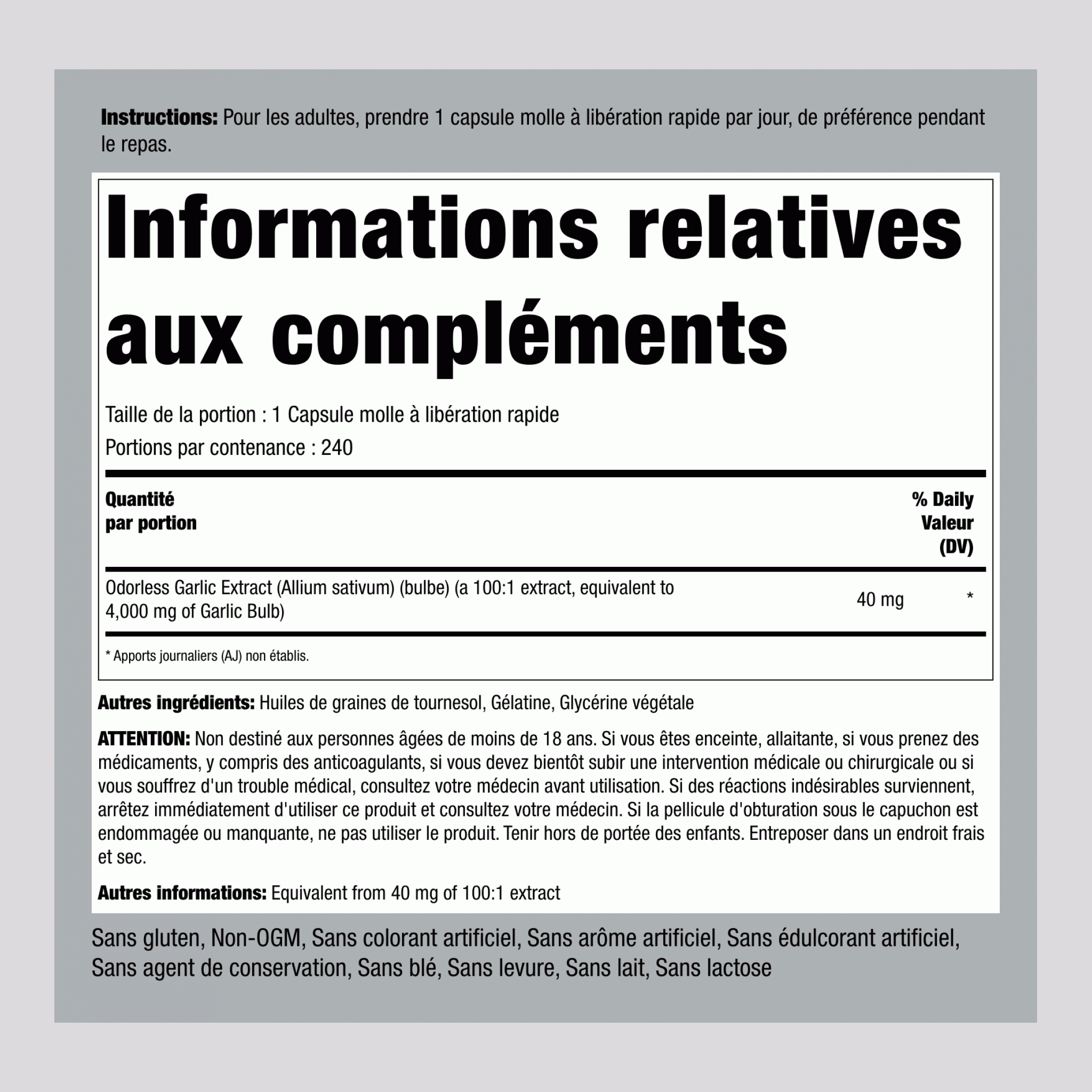 Ail Inodore, 4000 mg, 240 Capsules à Libération Rapide, 2 Bouteilles