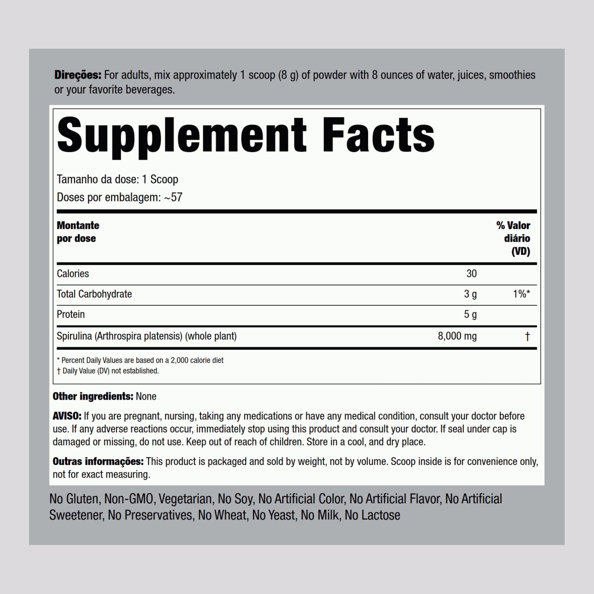 Pó de spirulina 16 oz 454 g Frasco    