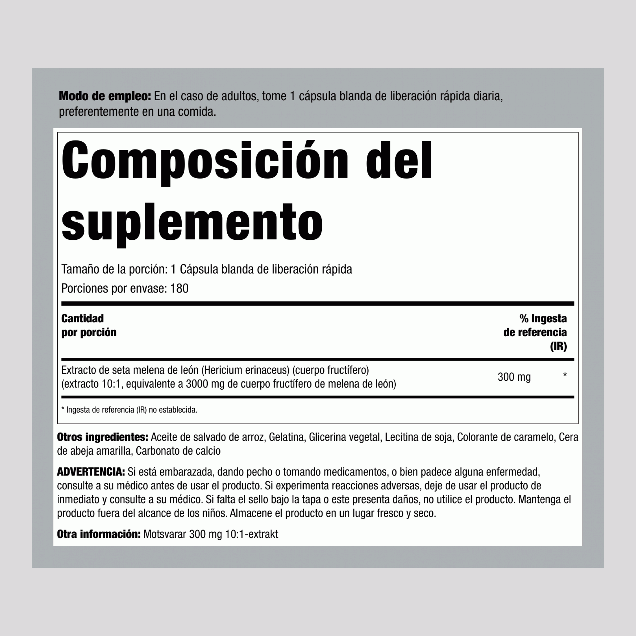 Hongo Melena de León 3000 mg (por porción) 180 Cápsulas blandas de liberación rápida 