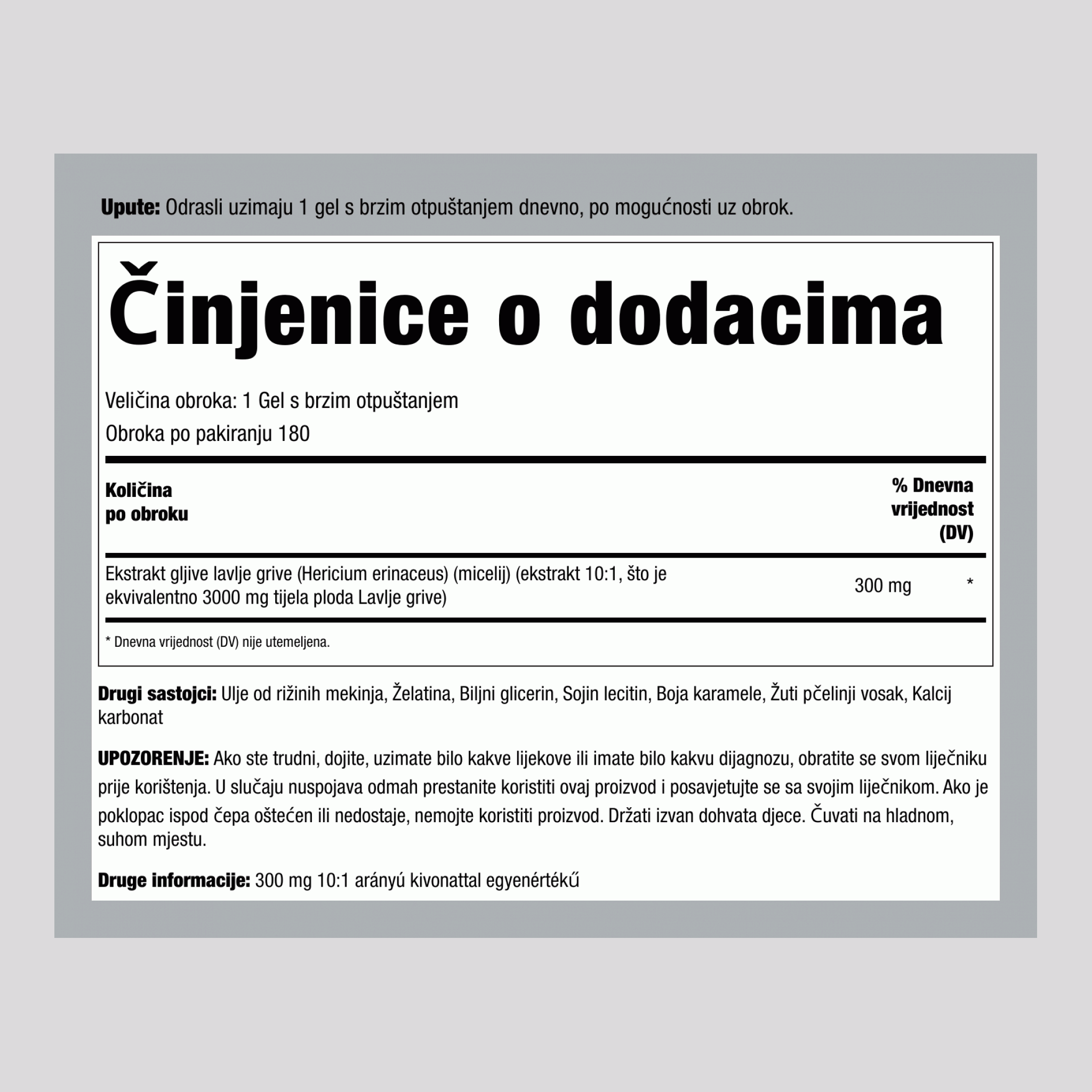 Gljiva Lavlja griva 3000 mg (po obroku) 180 Gelovi s brzim otpuštanjem 