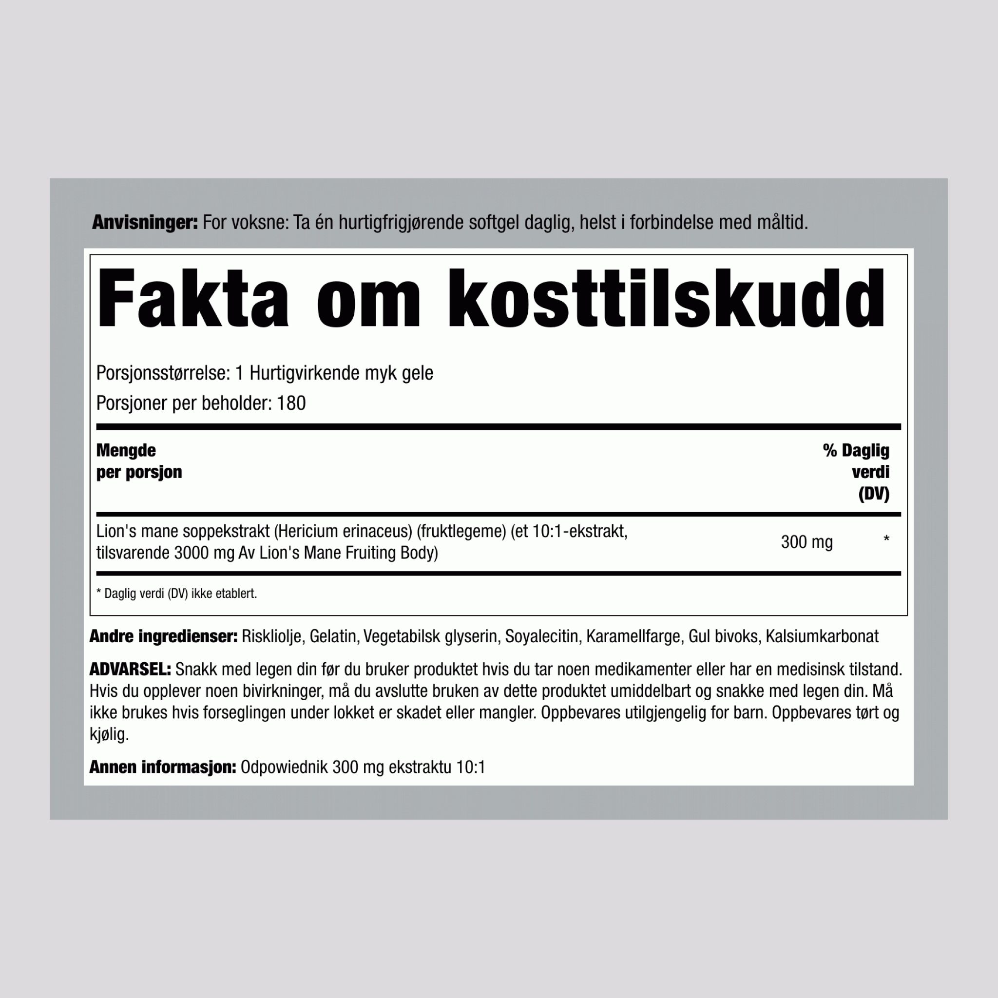 Lion's mane-sopp 3000 mg (per dose) 180 Hurtigvirkende myke geleer 