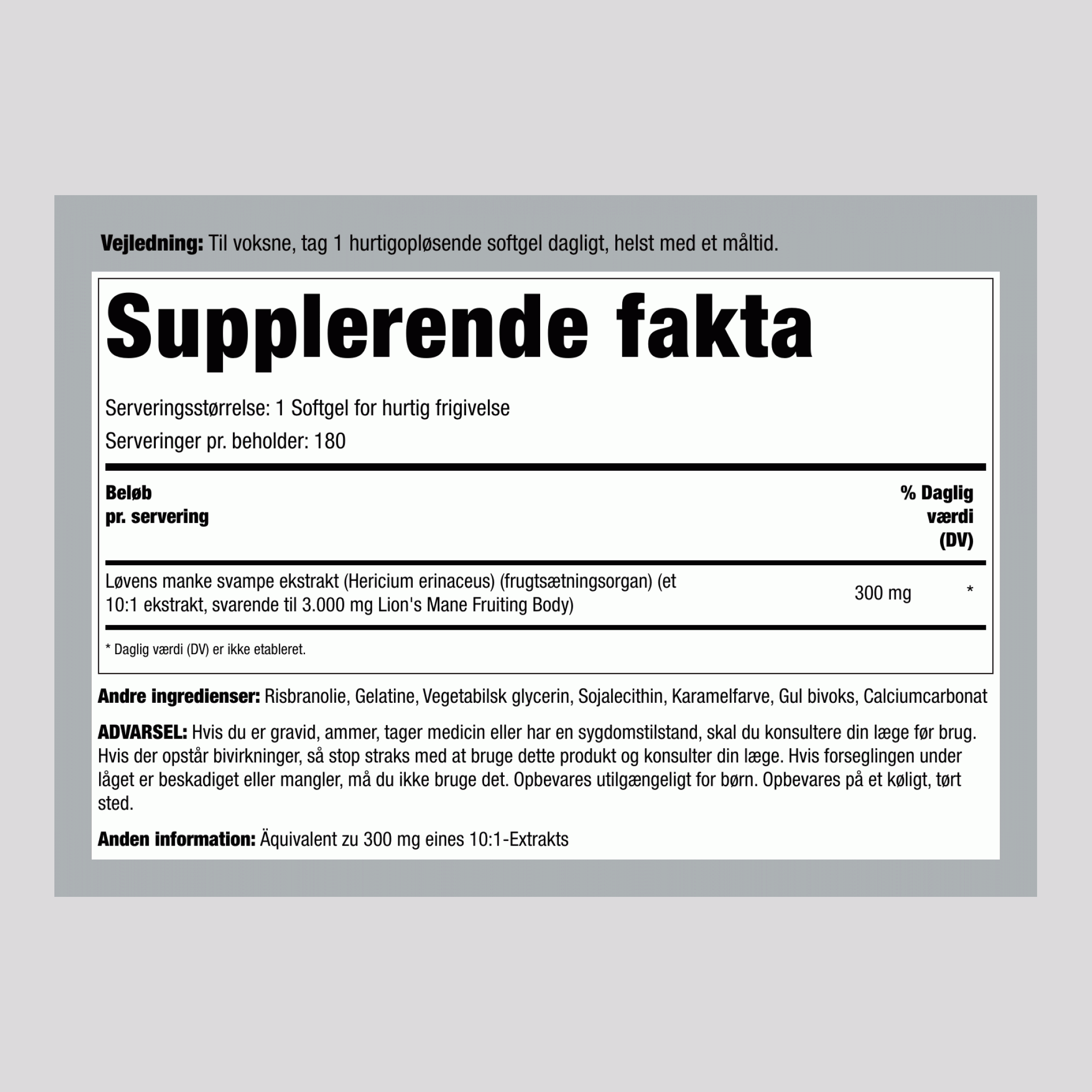 Lion's Mane-svampe 3000 mg (pr. dosering) 180 Softgel for hurtig frigivelse 2 Flasker