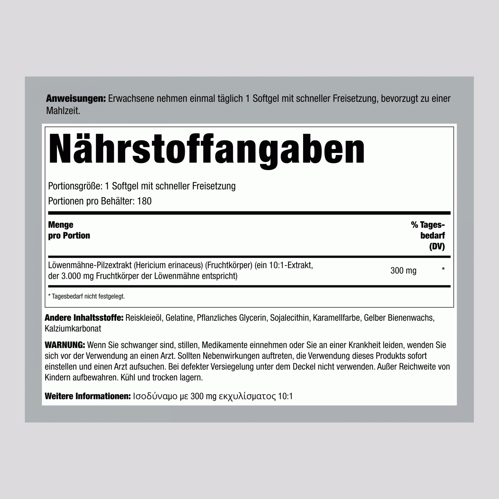 Löwenmähne-Pilz 3000 mg (pro Portion) 180 Softgele mit schneller Freisetzung 2 Flaschen