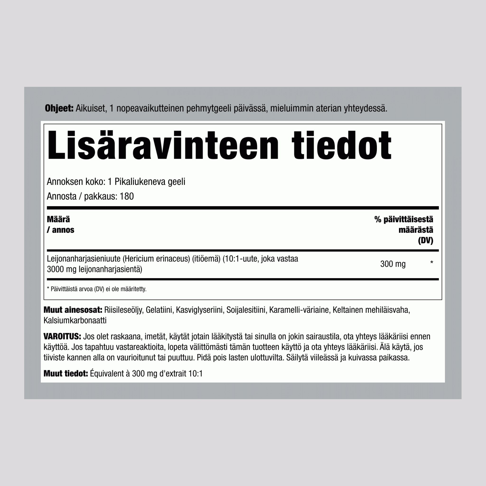 Leijonanharjasieni 3000 mg/annos 180 Pikaliukenevat geelit 2 Pulloa