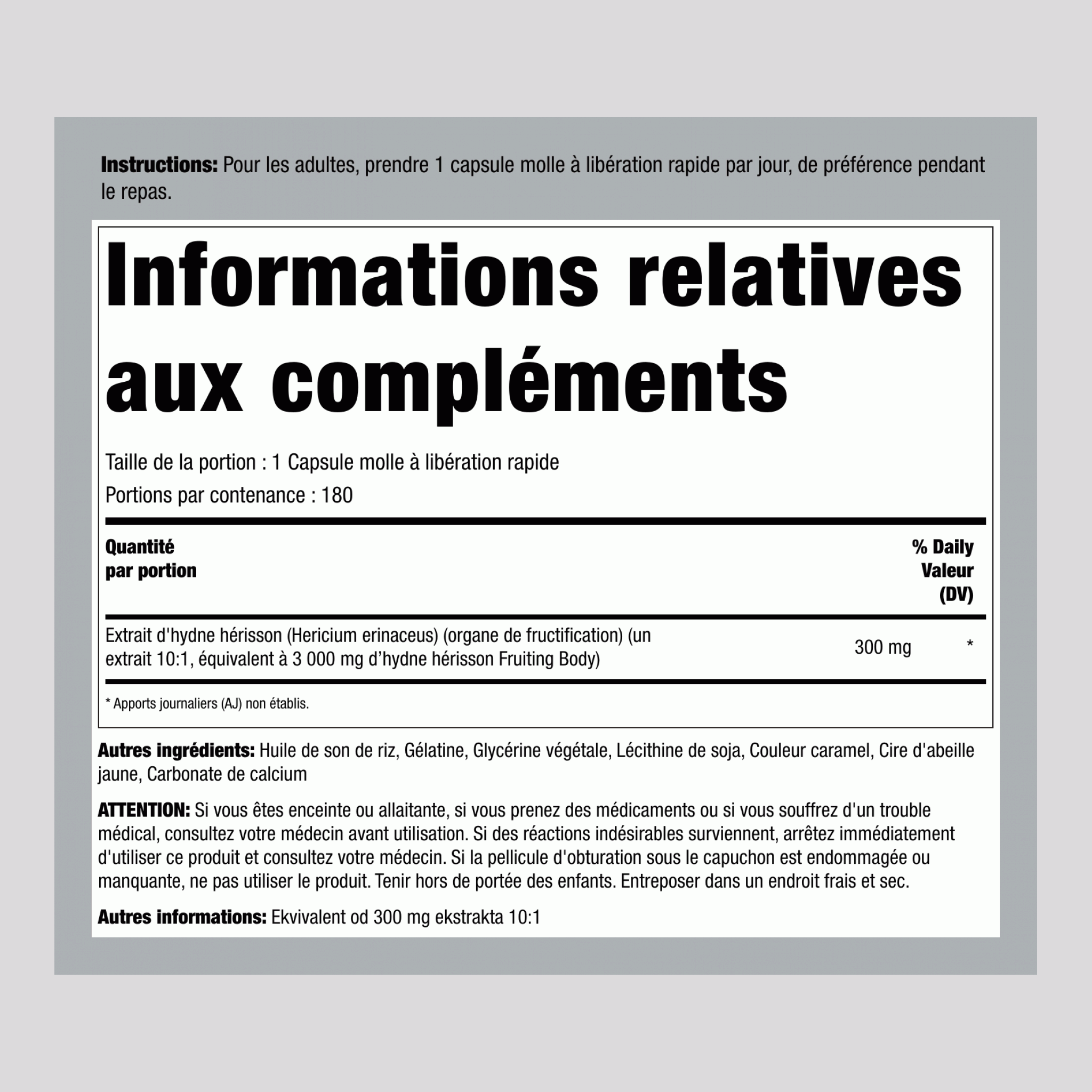 Champignon hydne hérisson 3000 mg (par portion) 180 Capsules molles à libération rapide 2 Bouteilles