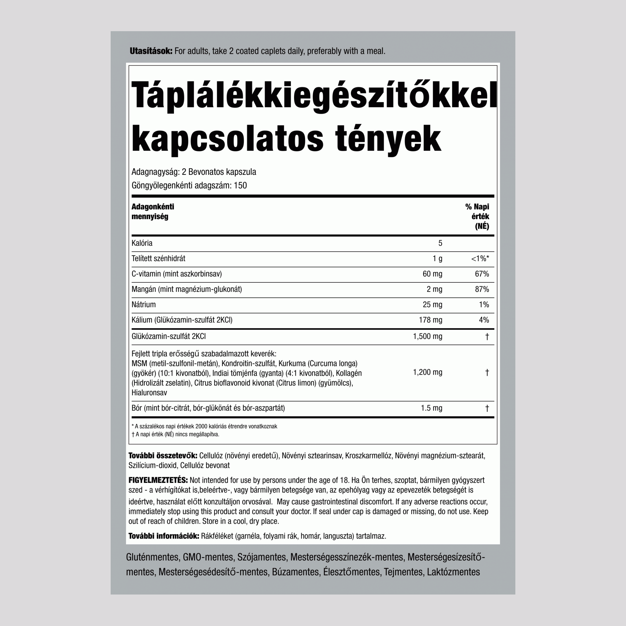 Speciális háromszoros erejű glükózamin-kondroitin MSM plusz Kurkuma 300 Bevonatos kapszula      