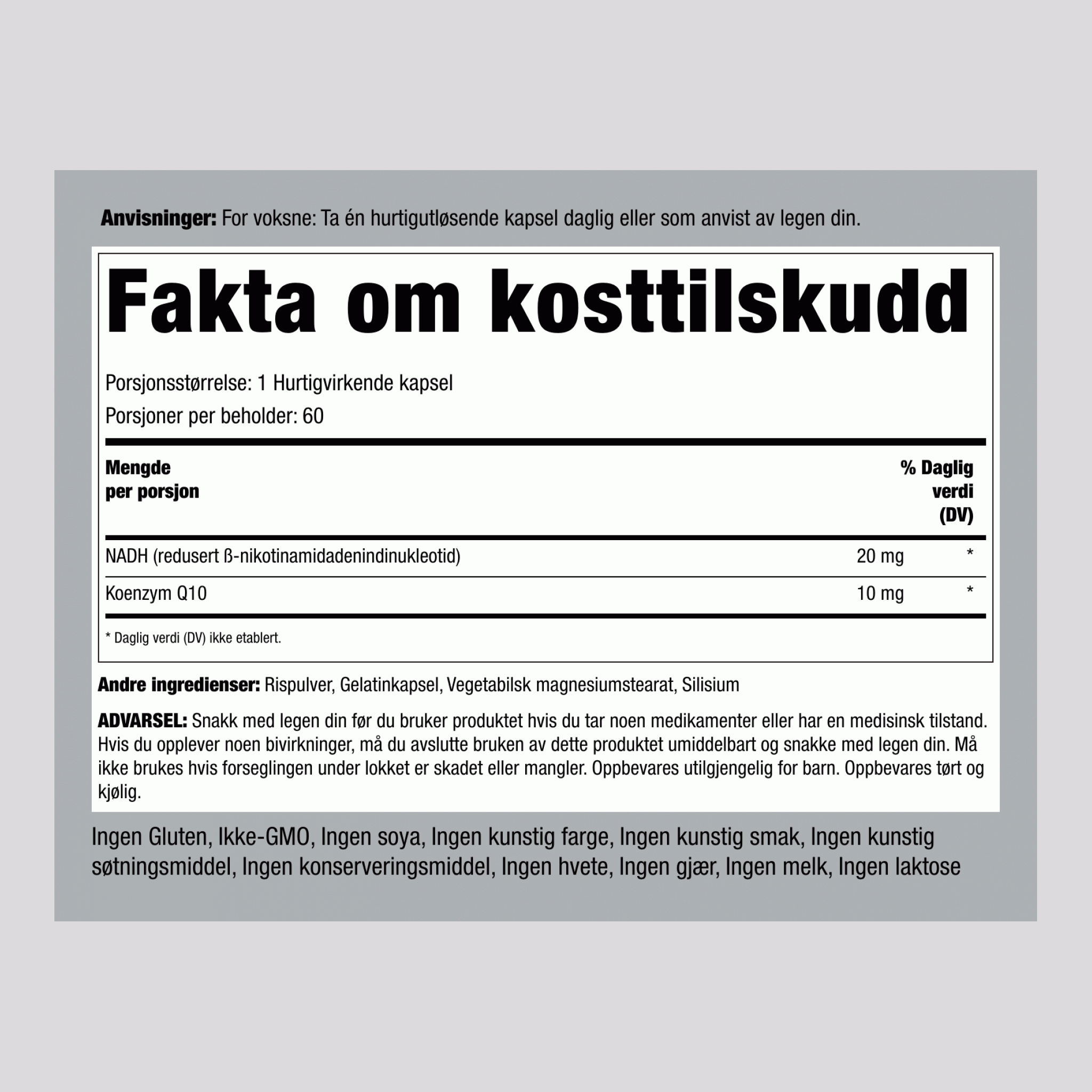 Megasterk NADH ,  20 mg 60 Hurtigvirkende kapsler 2 Flasker