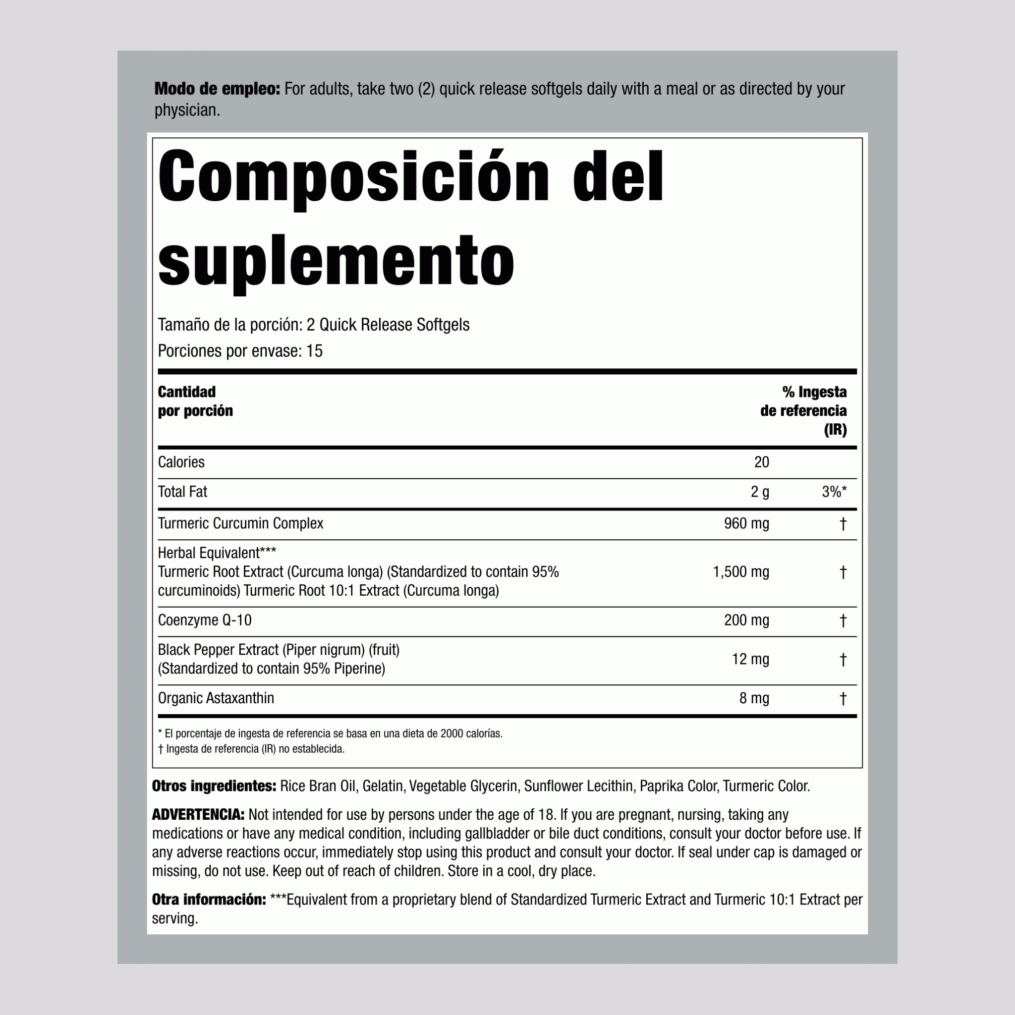 Complejo de Cúrcuma y Curcumina con CoQ-10 y Astaxantina, 30 Cápsulas Blandas de Liberación Rápida