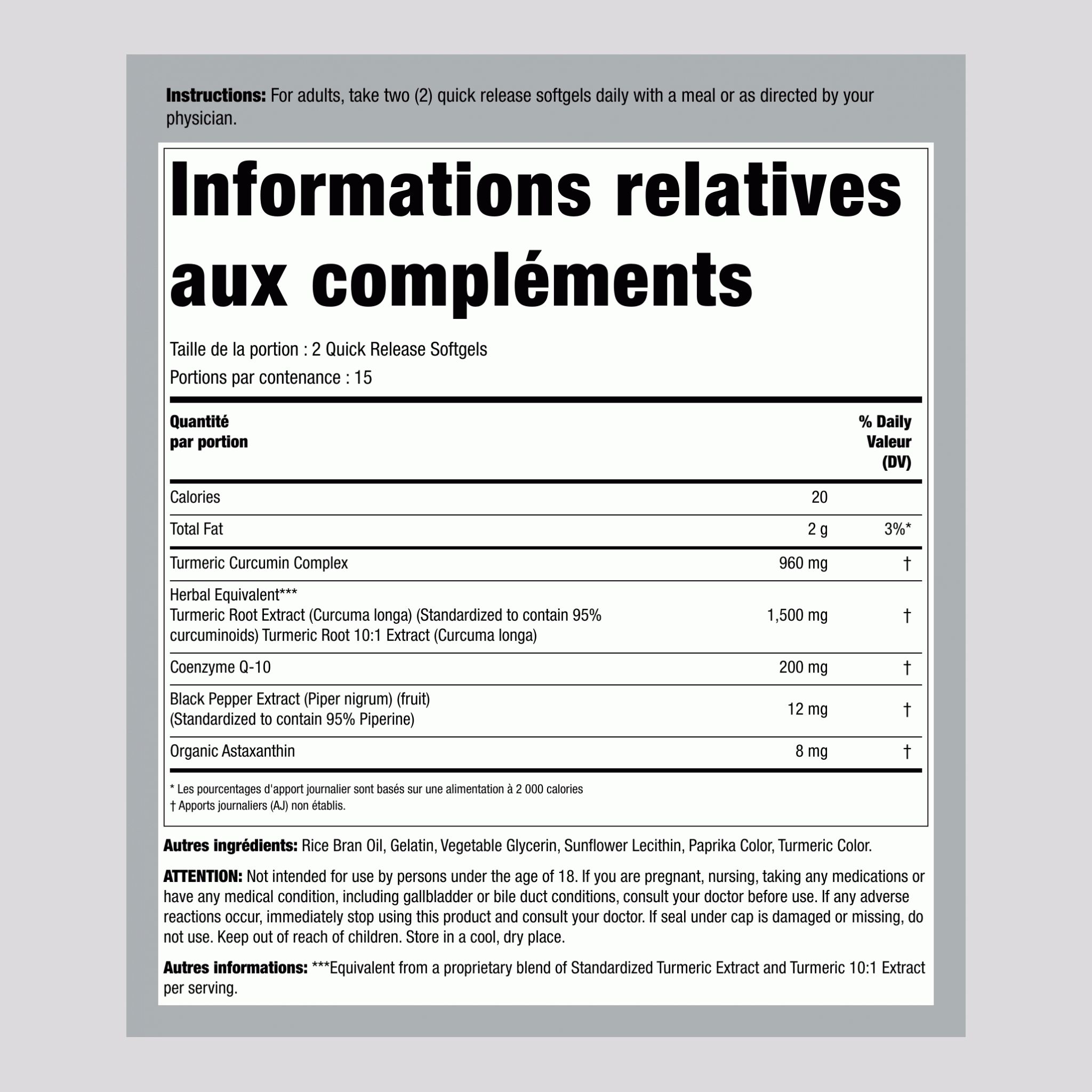 Complexe Curcumine de Curcuma avec CoQ-10 & Astaxanthine, 30 Gélules à Libération Rapide