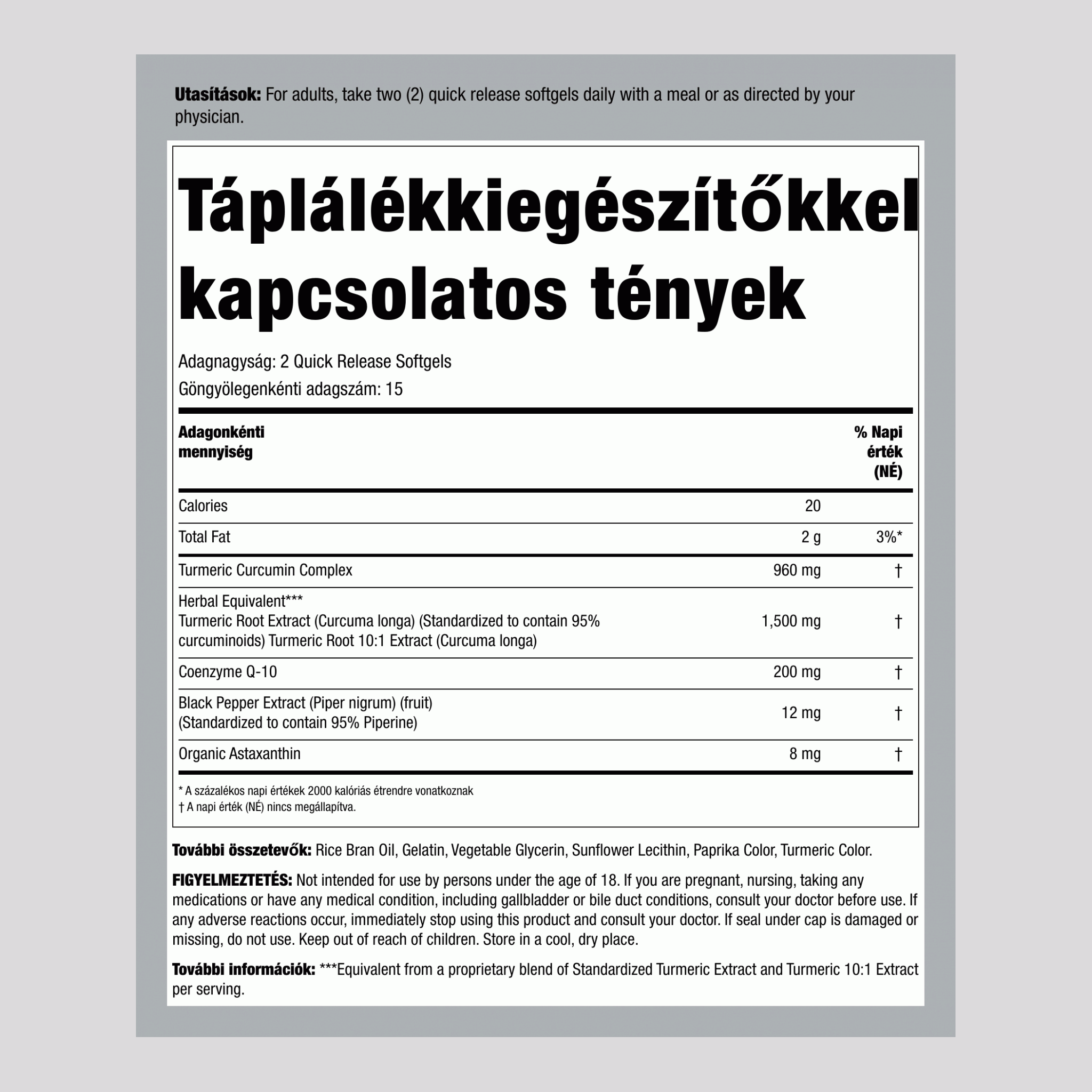 Kurkuma kurkumin komplex CoQ-10-zel és asztaxantinnal, 30 gyorsan felszabaduló lágyzselatin kapszula