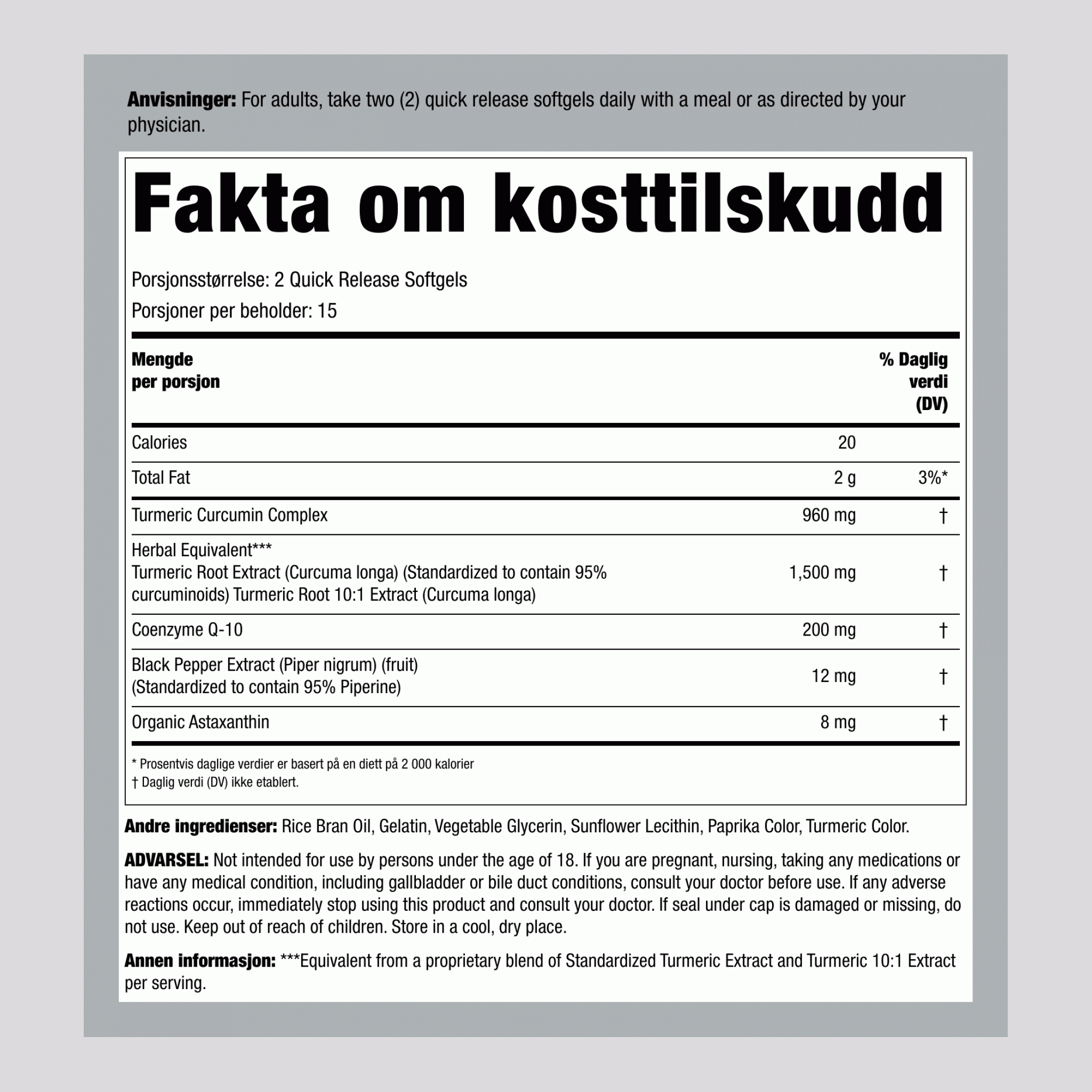 Turmeric Curcumin-kompleks med CoQ-10 & Astaxanthin, 30 hurtigfrigjørende myke kapsler