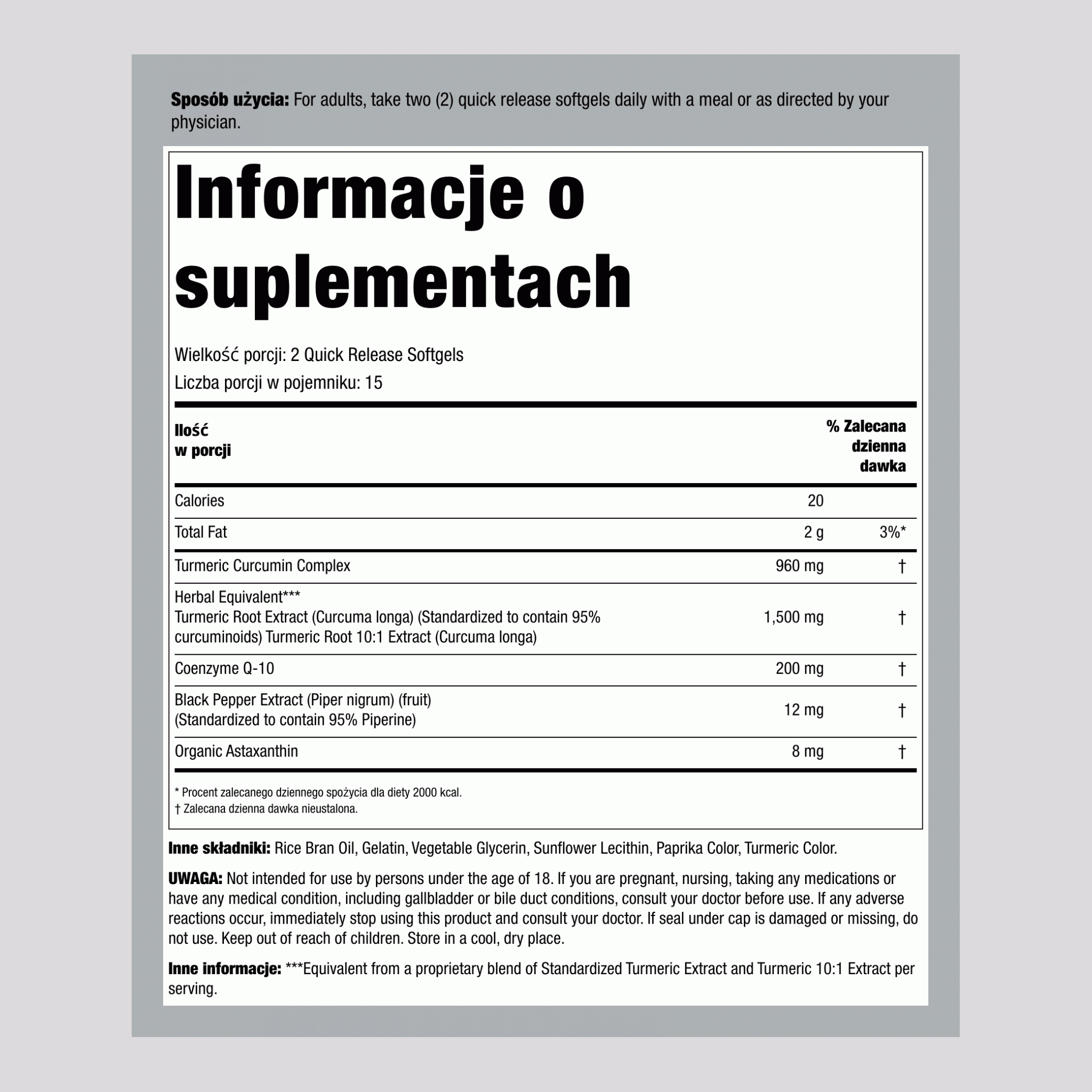 Kompleks kurkuminy z koenzymem Q-10 i astaksantyną, 30 kapsułek o szybkim uwalnianiu