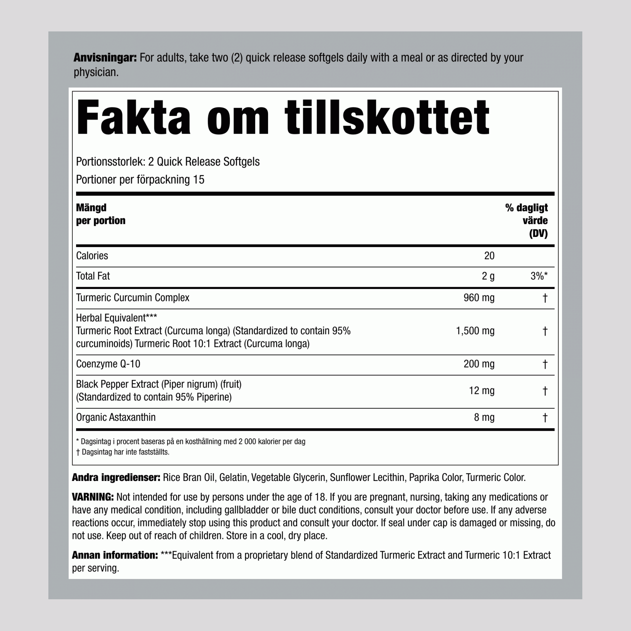 Gurkmeja Curcumin Komplex med CoQ-10 & Astaxanthin, 30 Snabbfrisättningsmjukgeler