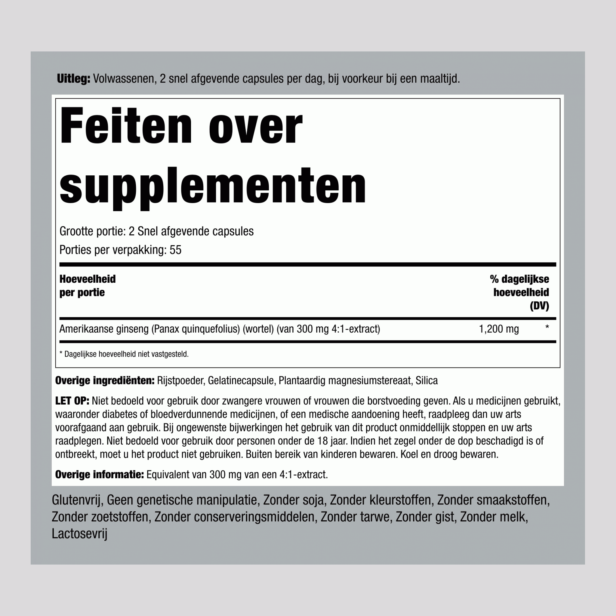 Amerikaanse ginseng  1200 mg (per portie) 110 Snel afgevende capsules 2 Flessen   