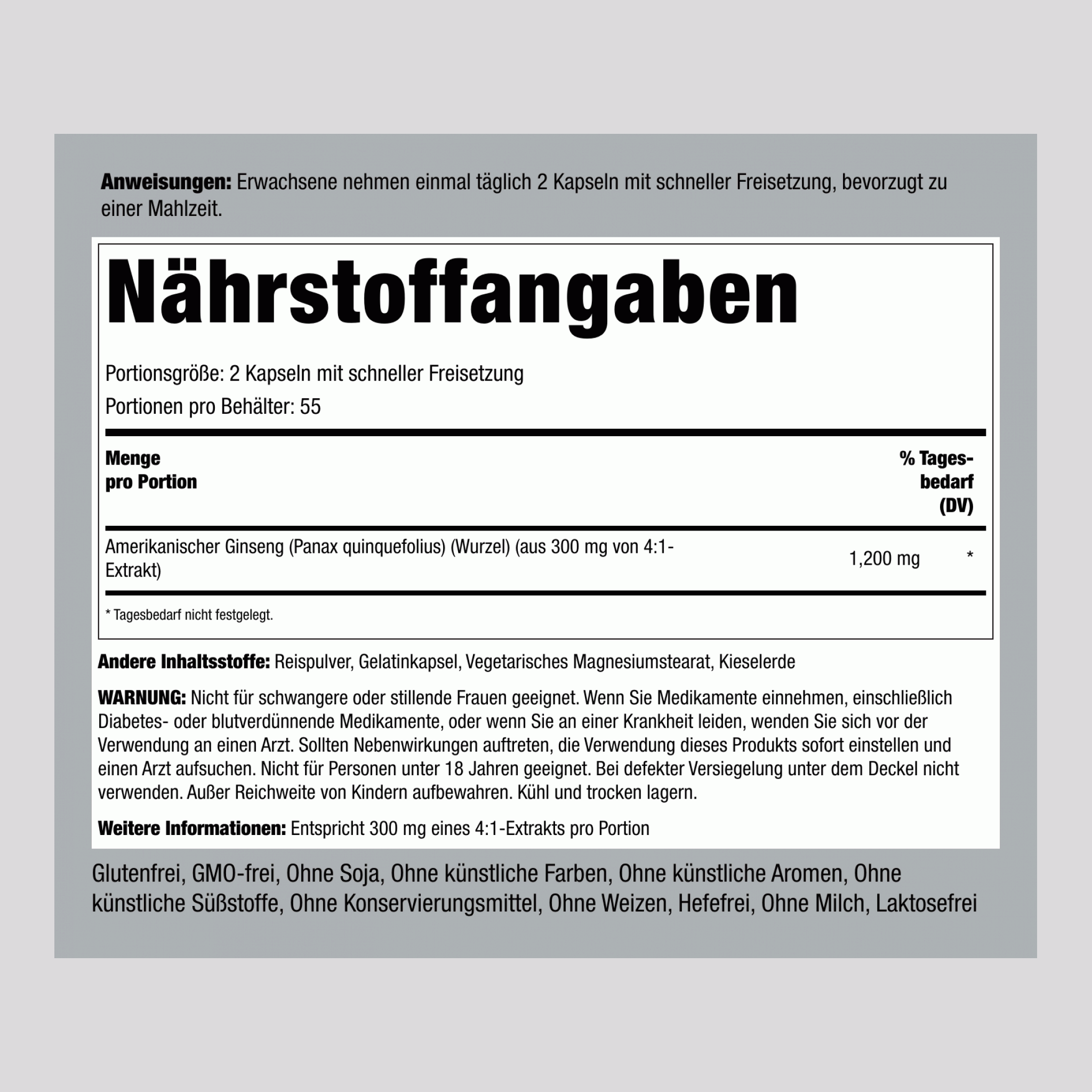 Amerikanischer Ginseng 1200 mg (pro Portion) 110 Kapseln mit schneller Freisetzung     