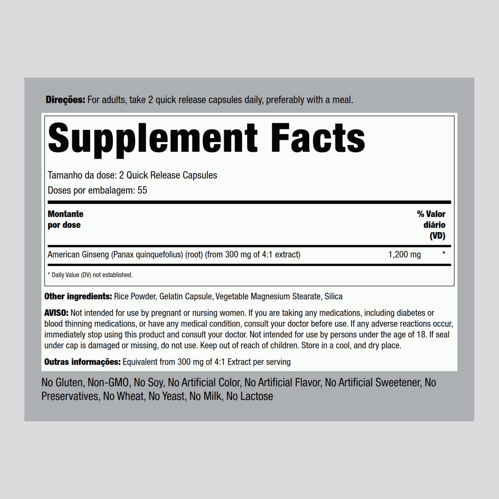 Ginseng americano 1200 mg (por dose) 110 Cápsulas de Rápida Absorção     