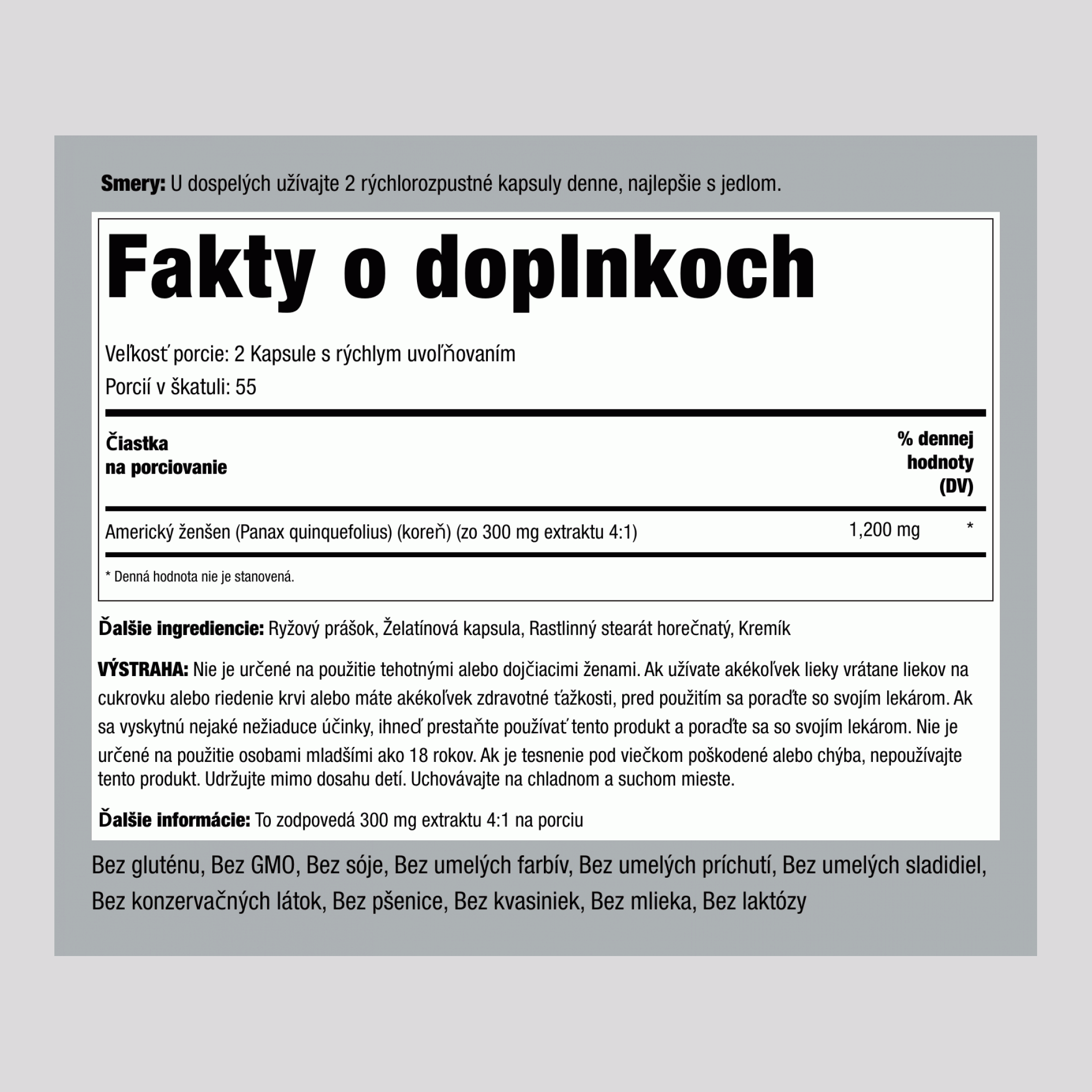 Americký ženšen 1200 mg (v jednej dávke) 110 Kapsule s rýchlym uvoľňovaním     