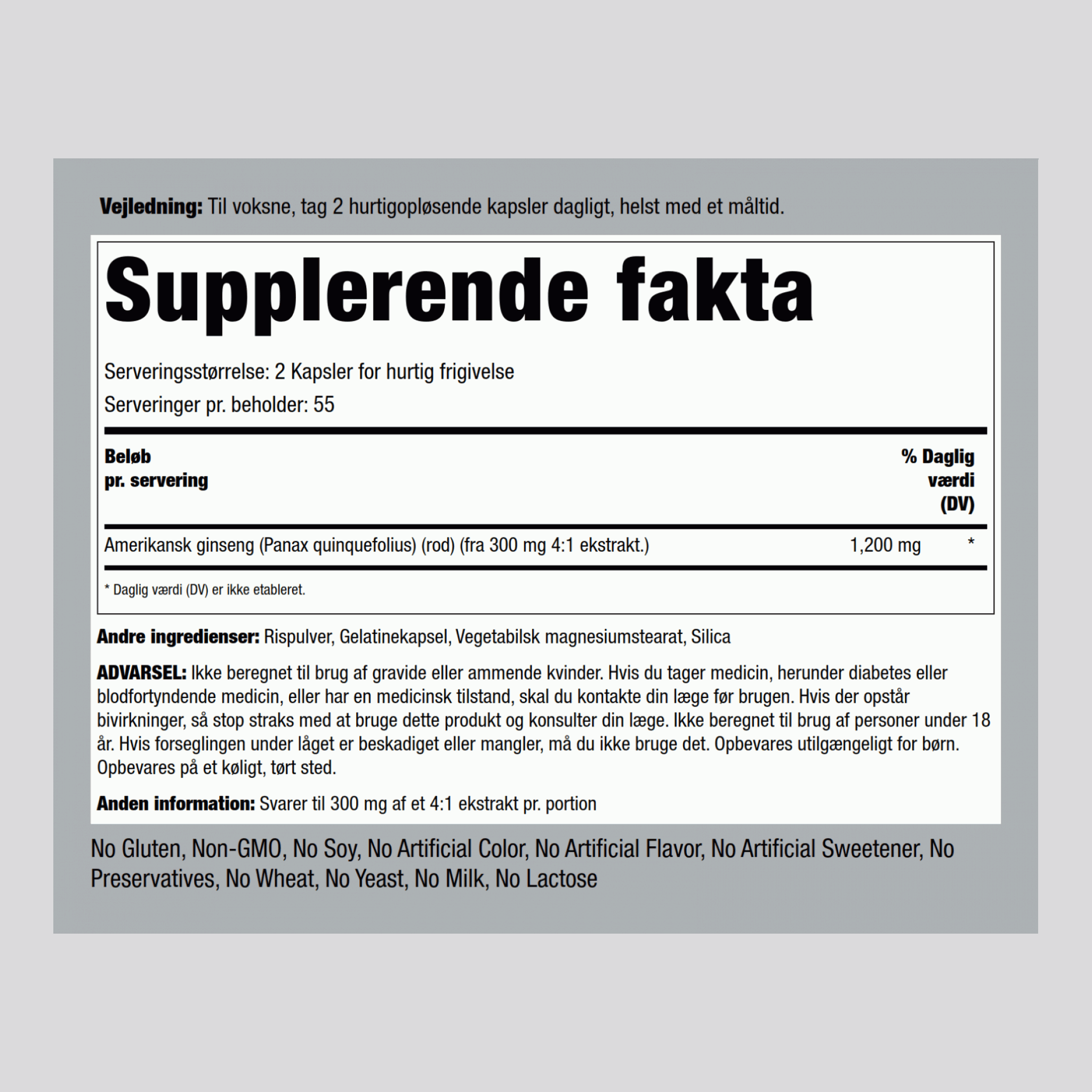 Amerikansk ginseng 1200 mg (pr. dosering) 110 Kapsler for hurtig frigivelse     