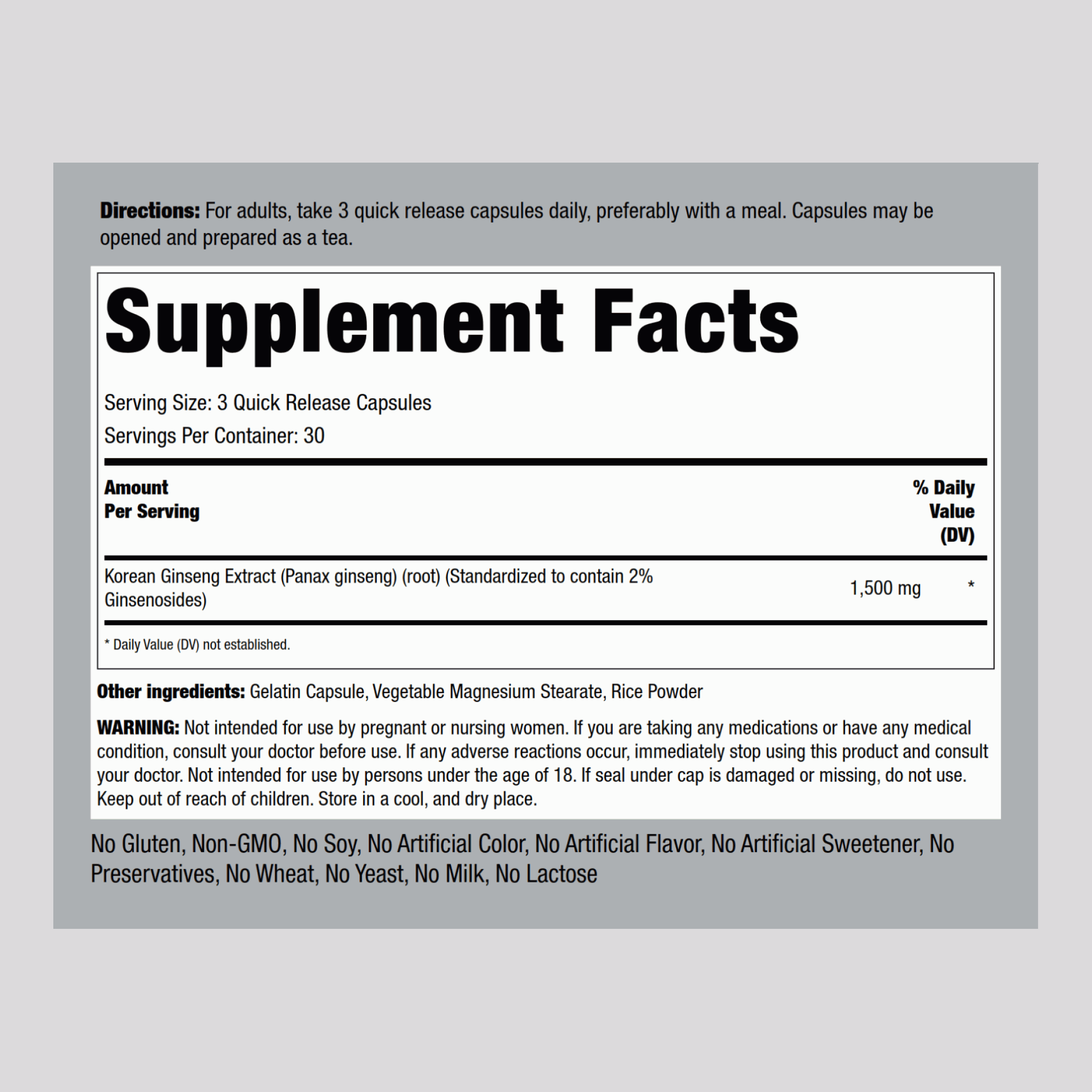 韓國人參  1500 毫克 (每份) 90 快速釋放膠囊     