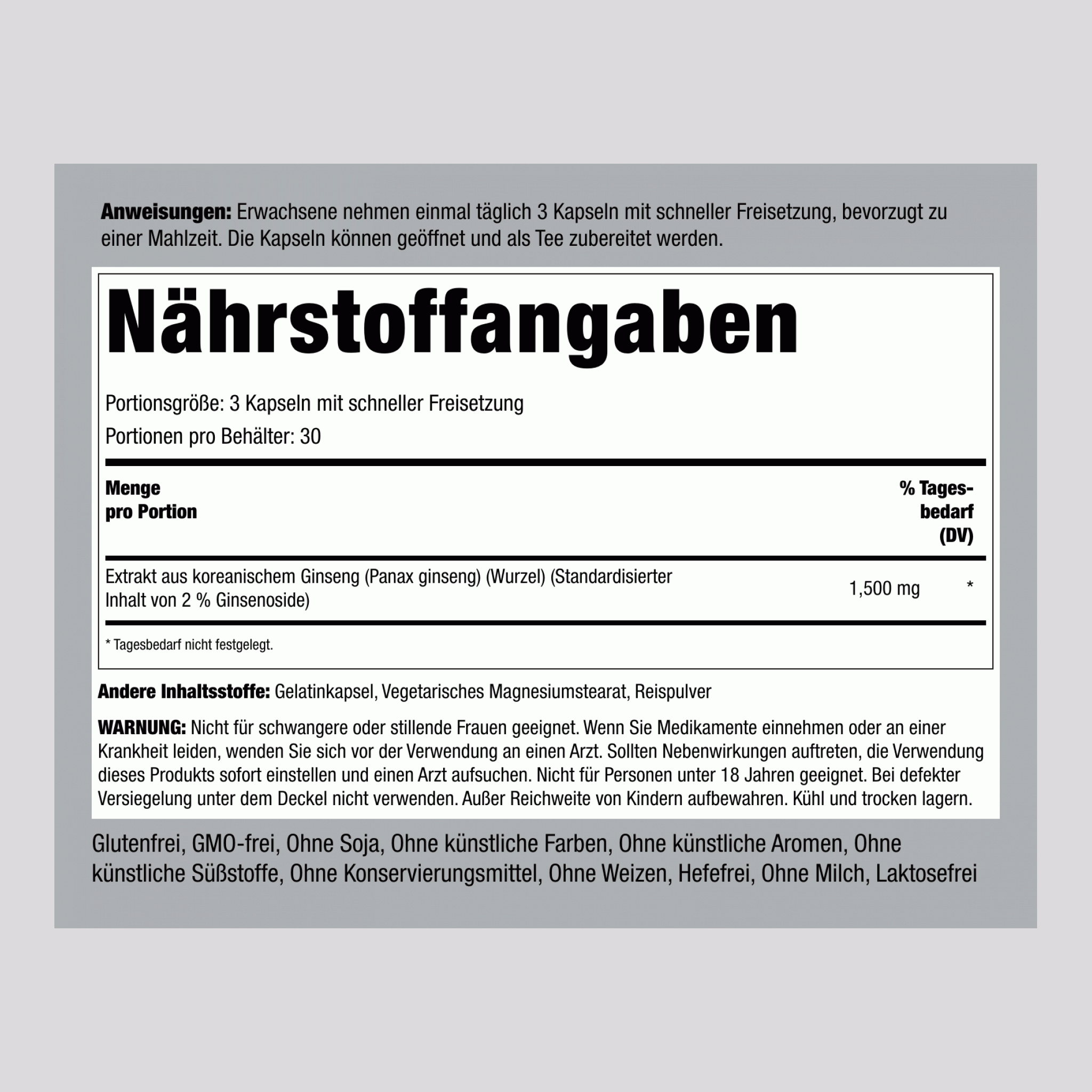 Koreanischer Ginseng (Panax-Ginseng),  1500 mg (pro Portion) 90 Kapseln mit schneller Freisetzung 2 Flaschen