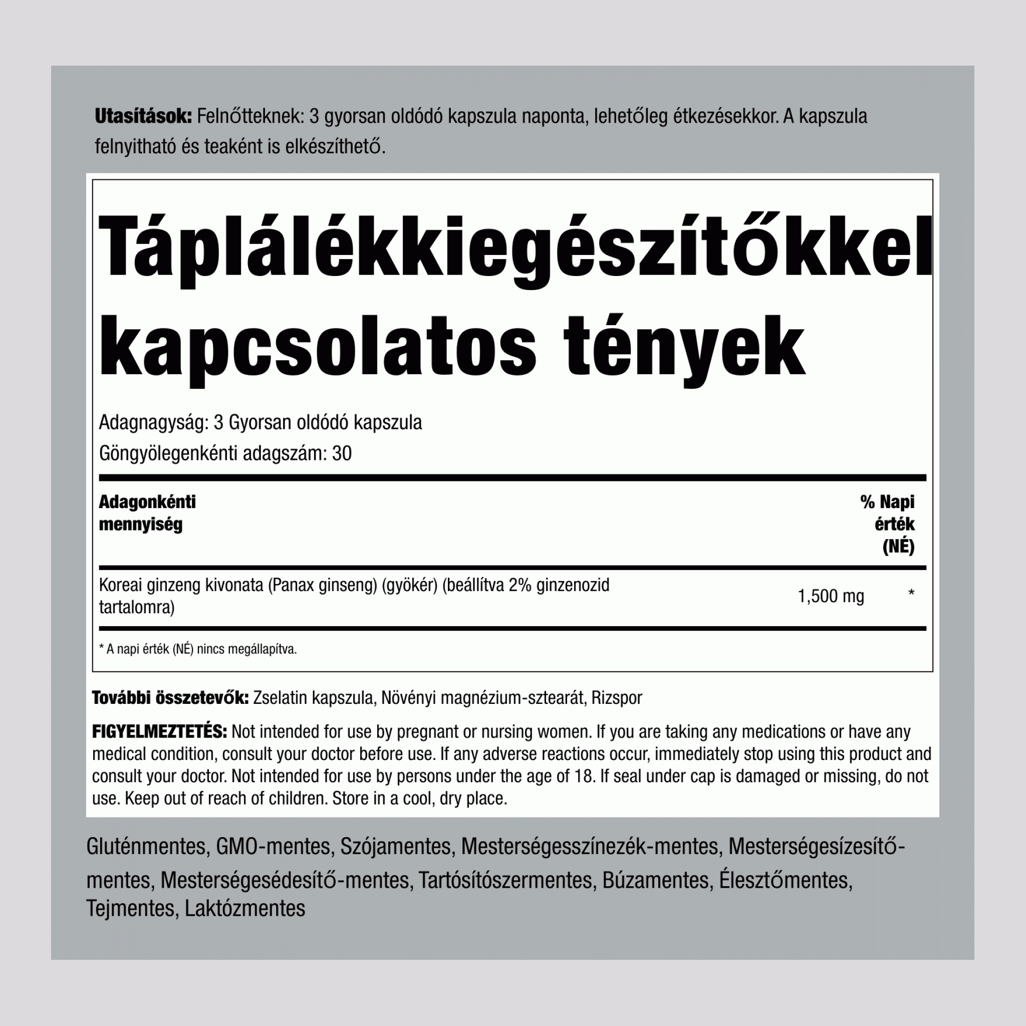Koreai ginszeng (Panax Ginseng),  1500 mg (adagonként) 90 Gyorsan oldódó kapszula 2 Palackok