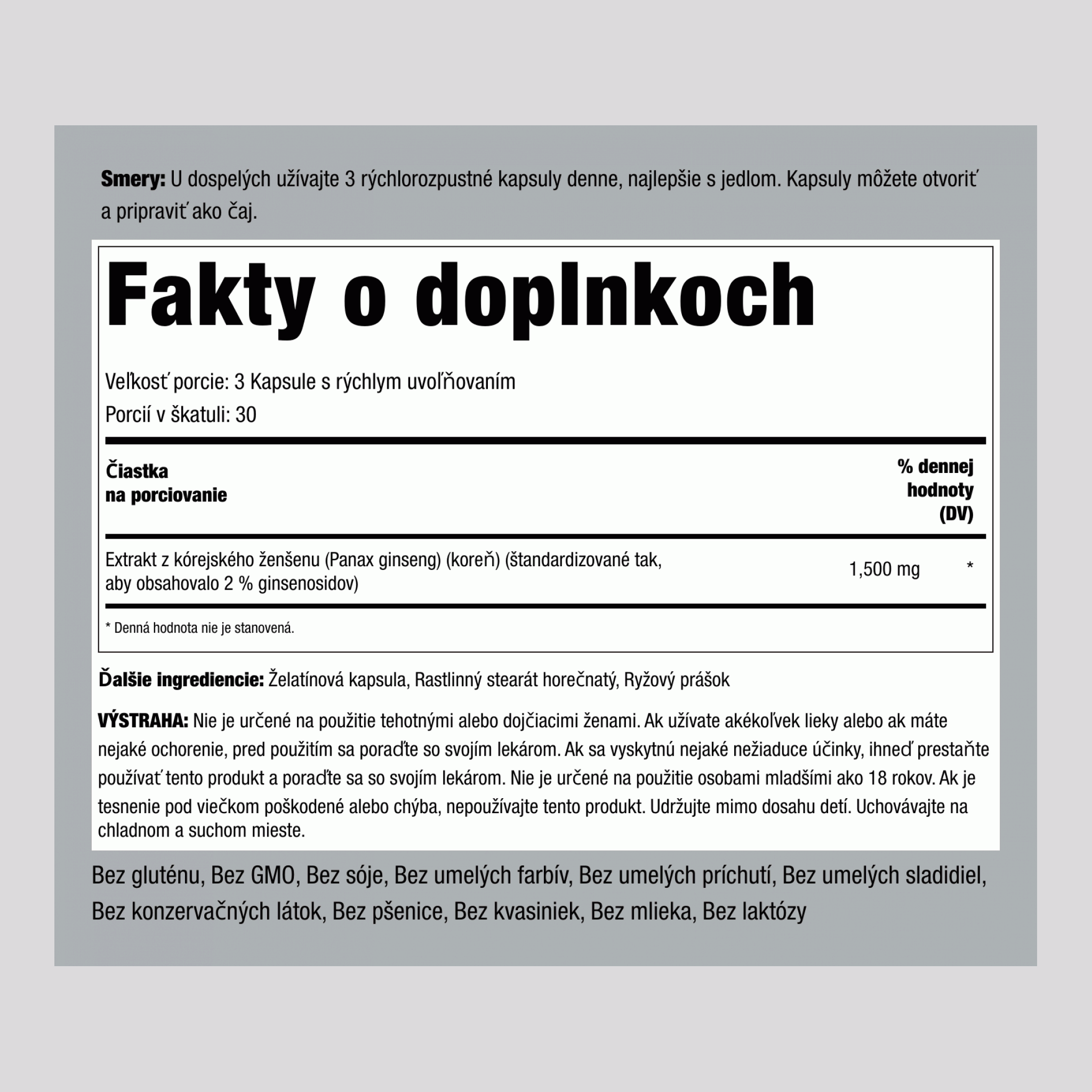 Kórejský ženšen (Panax Ginseng),  1500 mg (v jednej dávke) 90 Kapsule s rýchlym uvoľňovaním 2 Fľaše