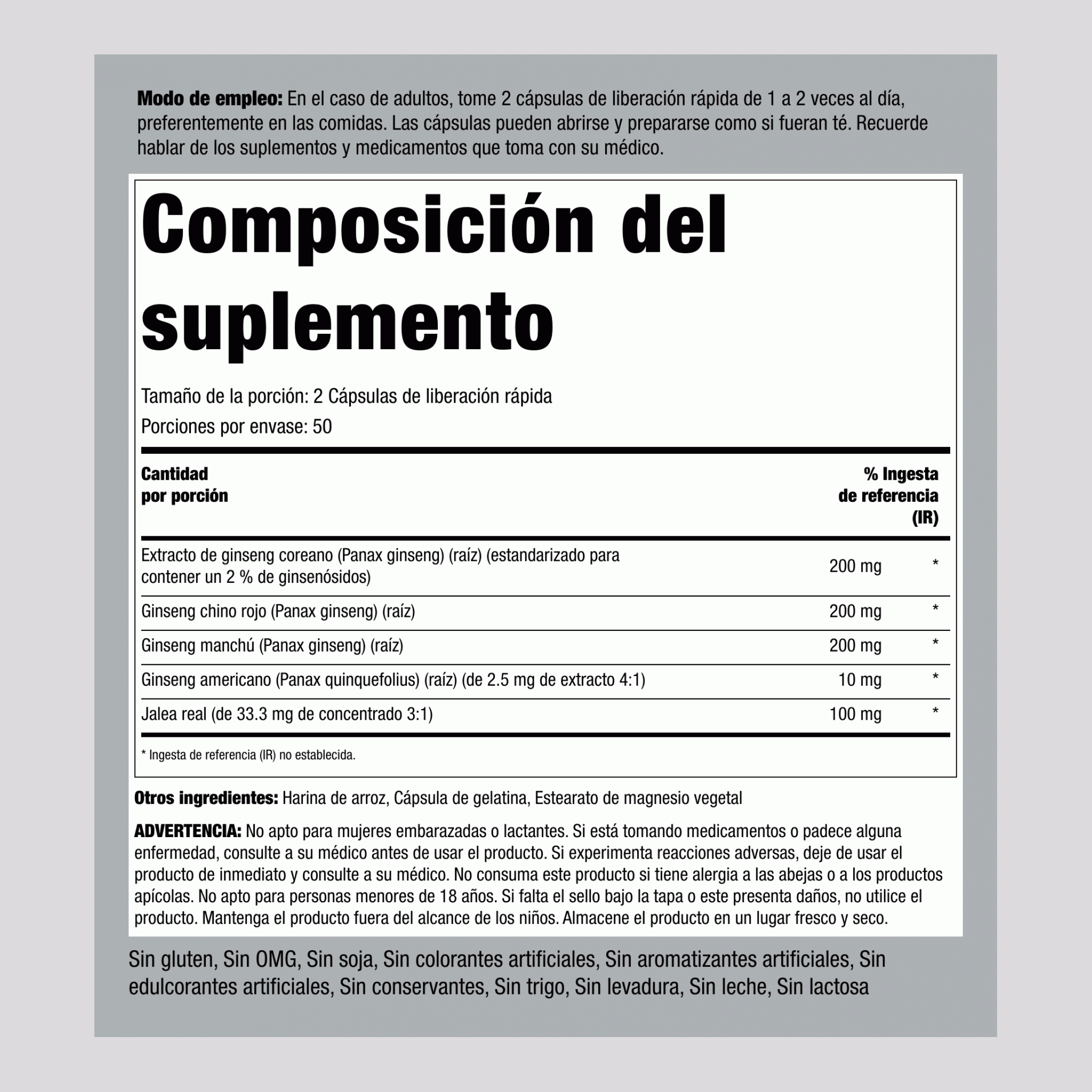 Complejo de ginseng Super + jalea real 100 Cápsulas de liberación rápida       