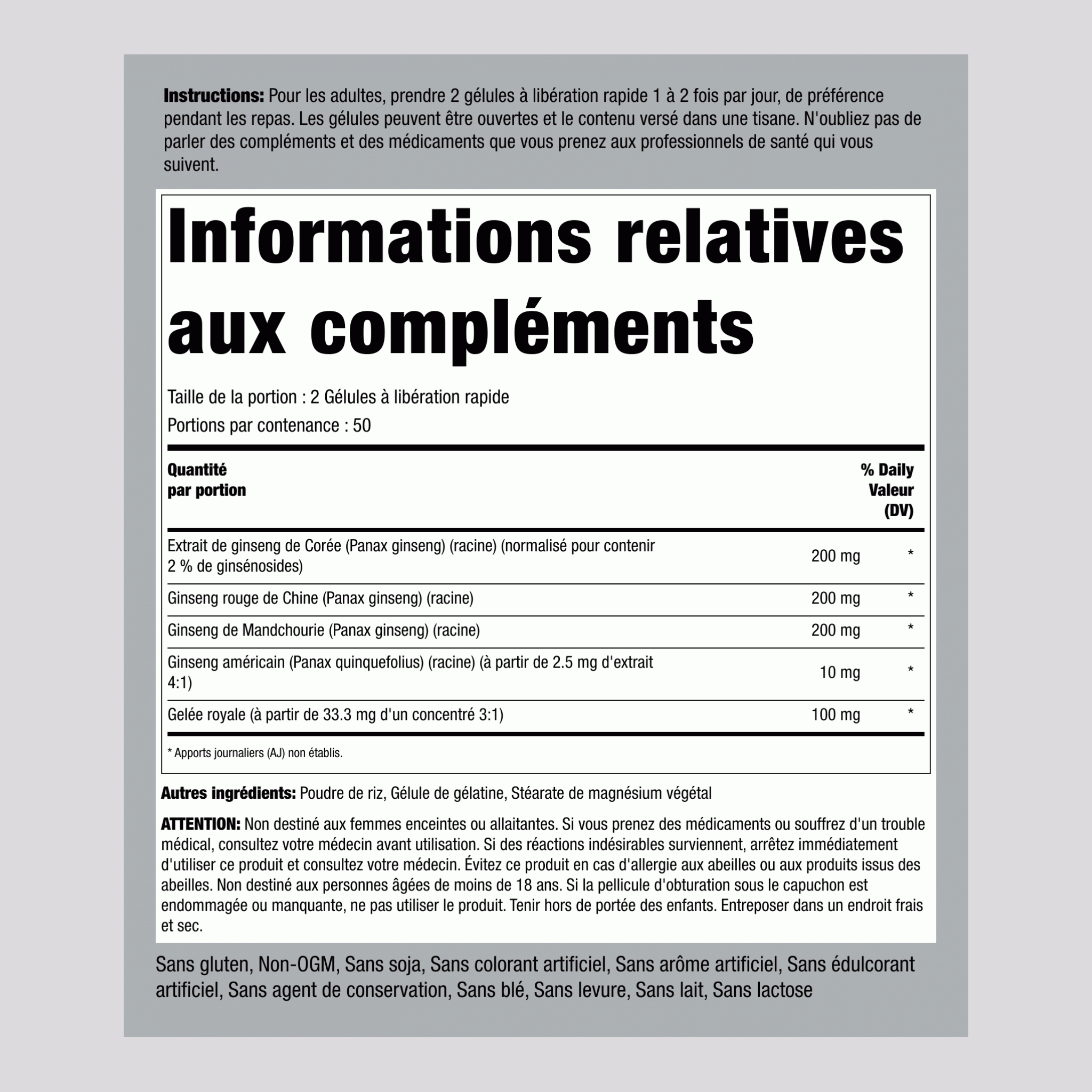 Super complexe de Ginseng plus gelée royale 100 Gélules à libération rapide       