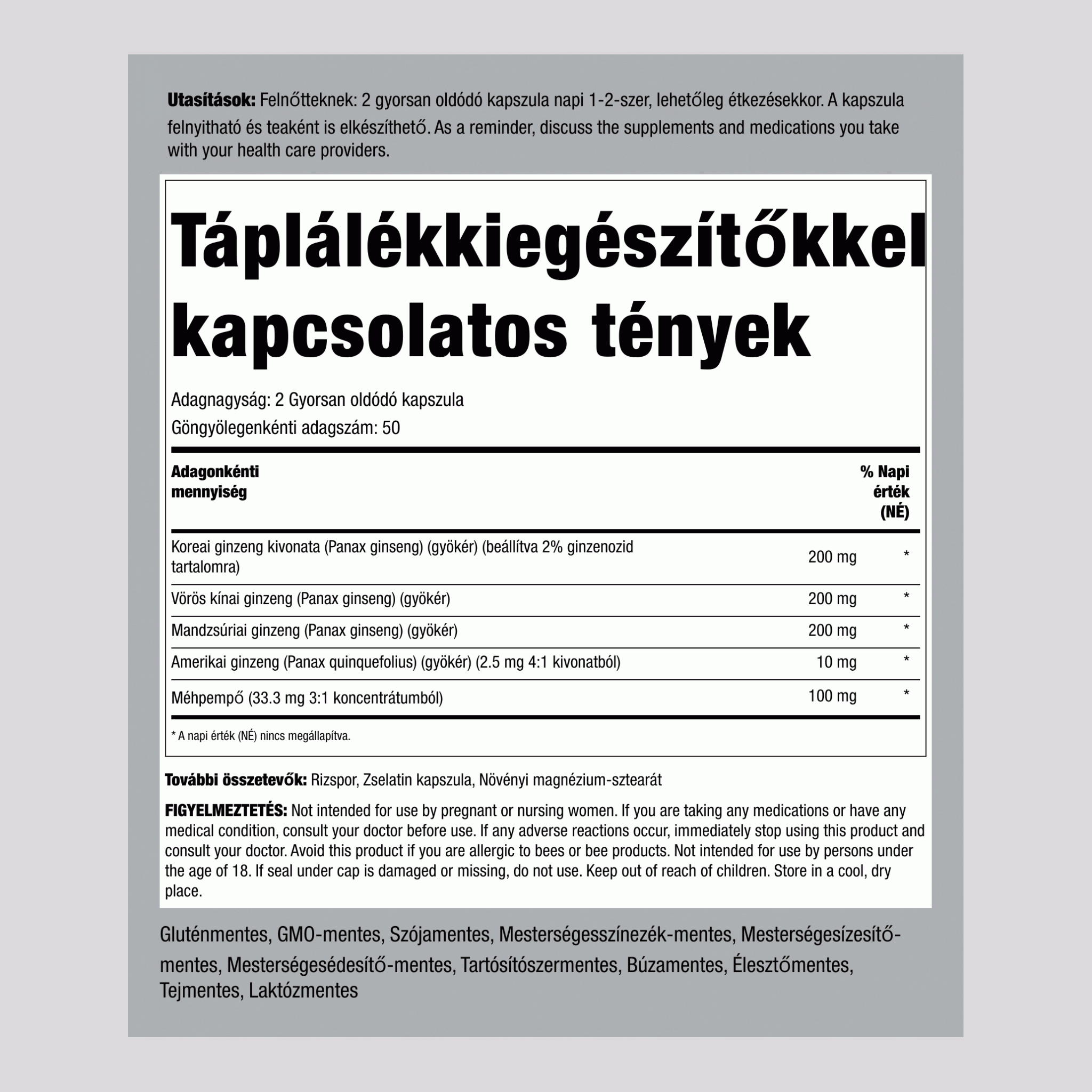 Szuper ginszeng összetétel plusz méhpempő 100 Gyorsan oldódó kapszula       