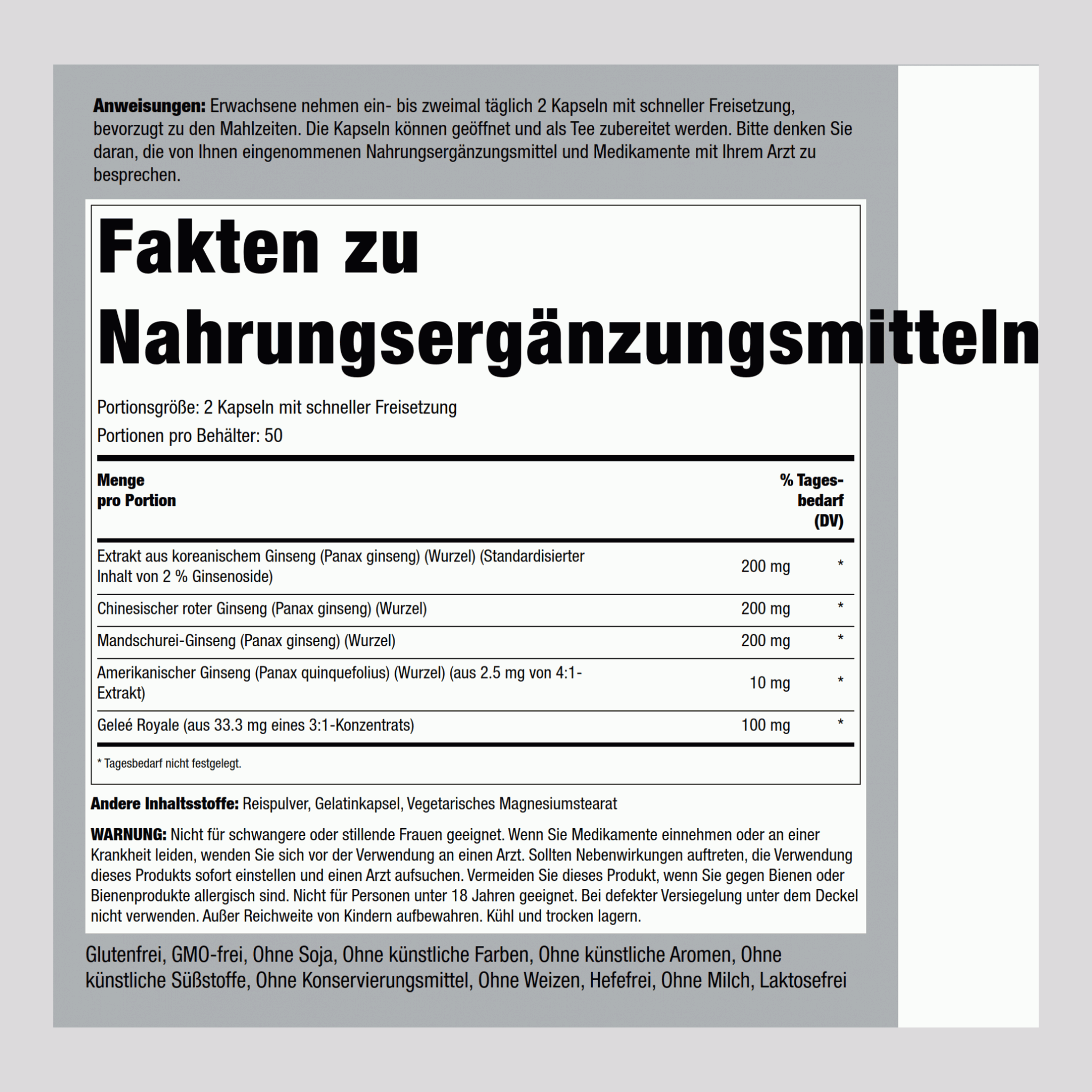 Super-Ginseng-Komplex plus Gelée Royal 100 Kapseln mit schneller Freisetzung       