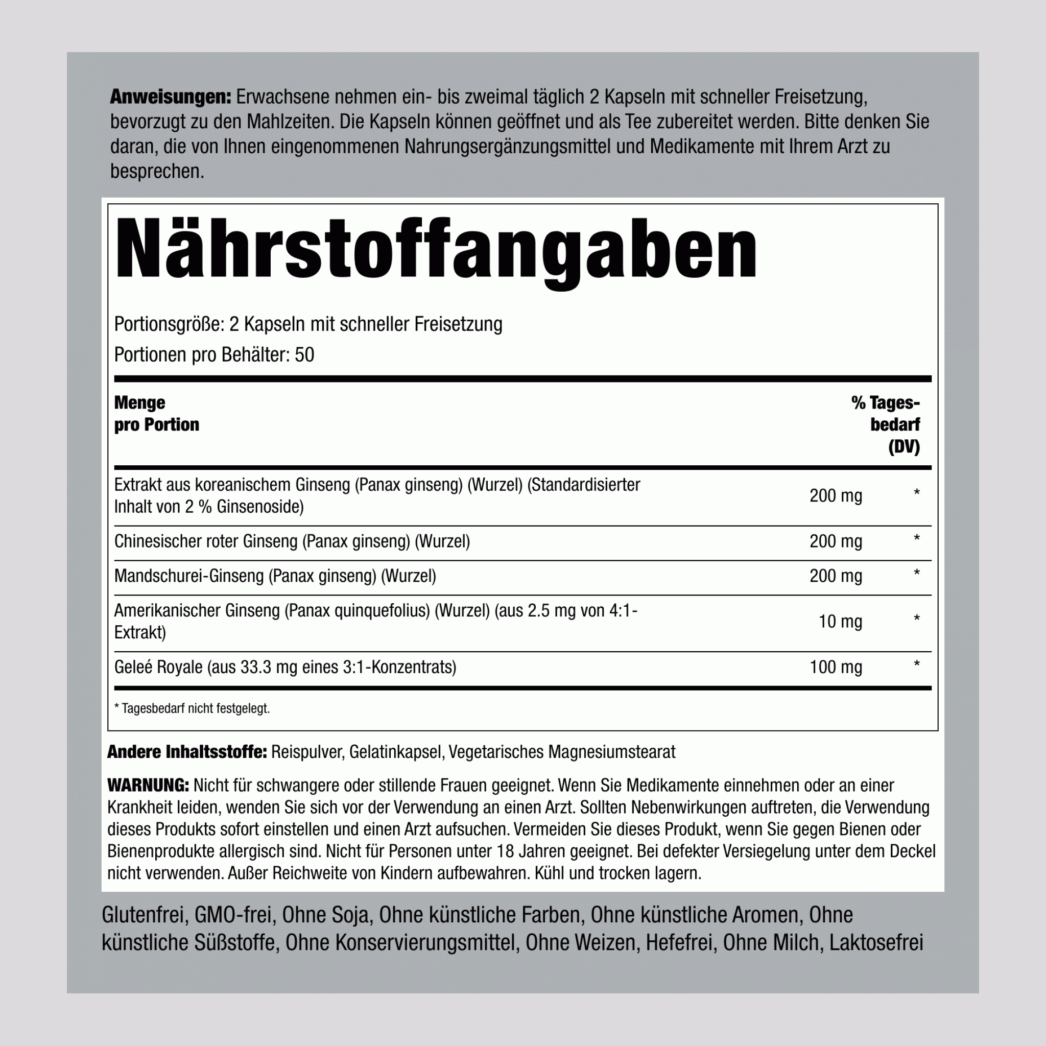 Super-Ginseng-Komplex plus Gelée Royal,  100 Kapseln mit schneller Freisetzung 2 Flaschen