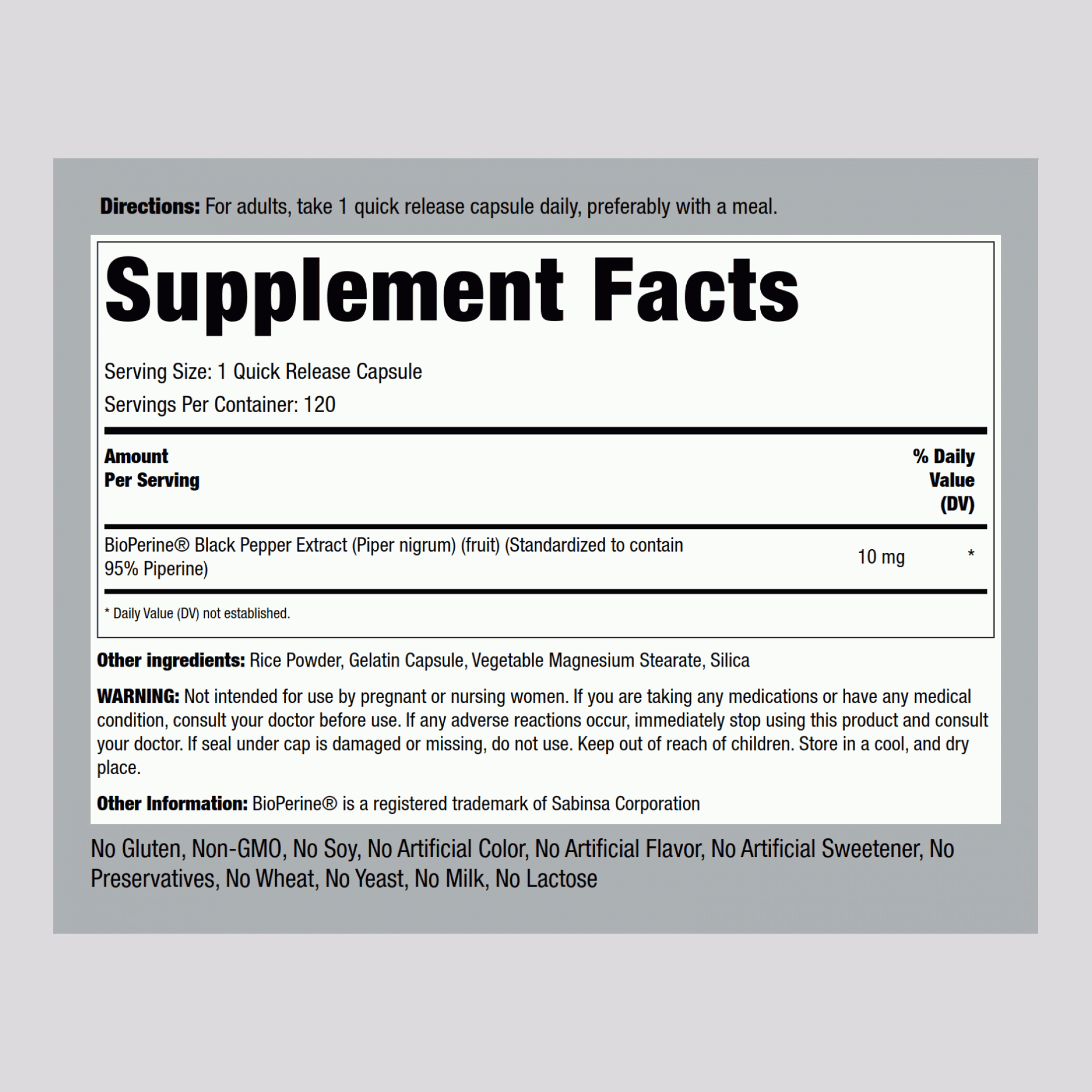 BioPerine Black Pepper Extract, 10 mg, 120 Quick Release Capsules