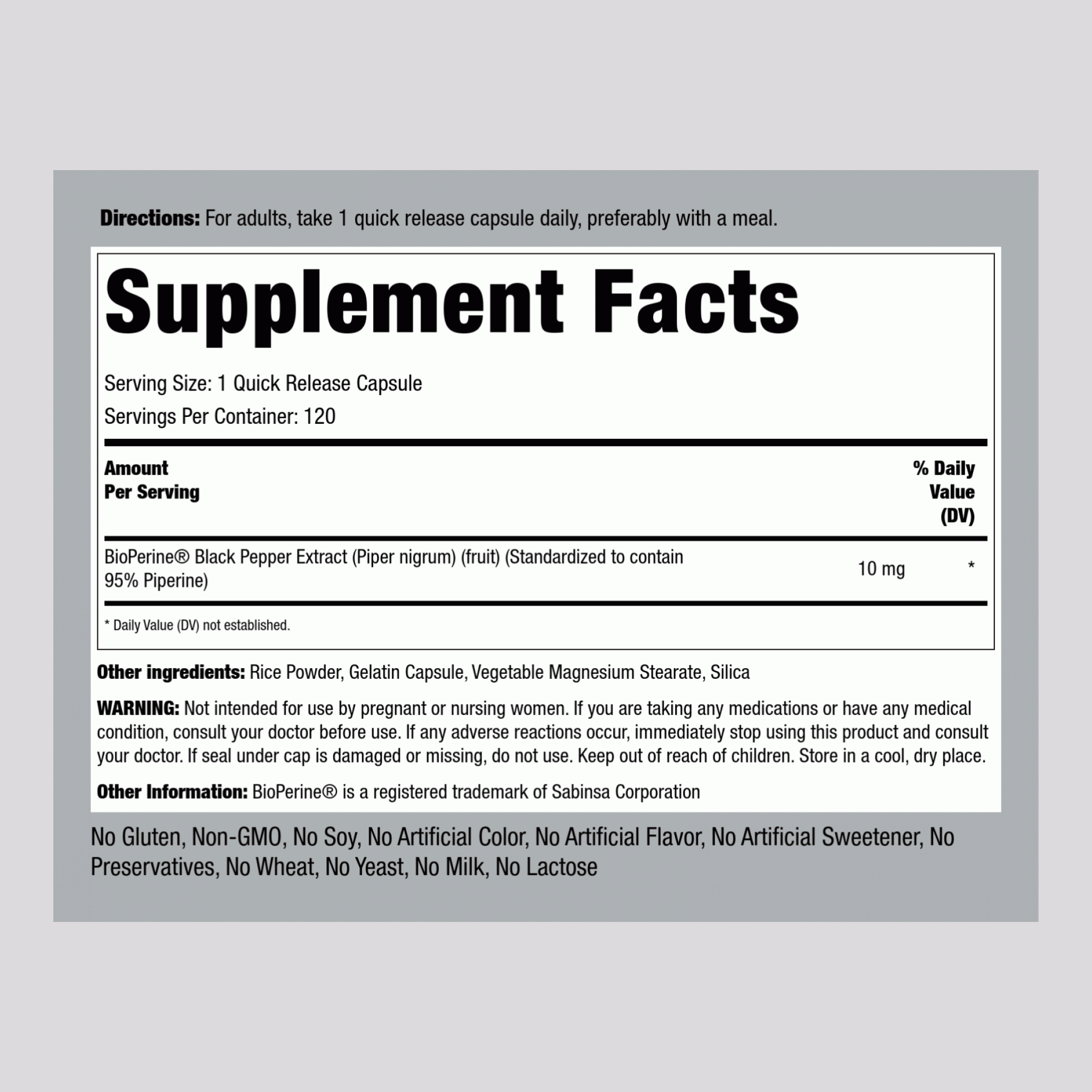 BioPerine Black Pepper Extract, 10 mg, 120 Quick Release Capsules