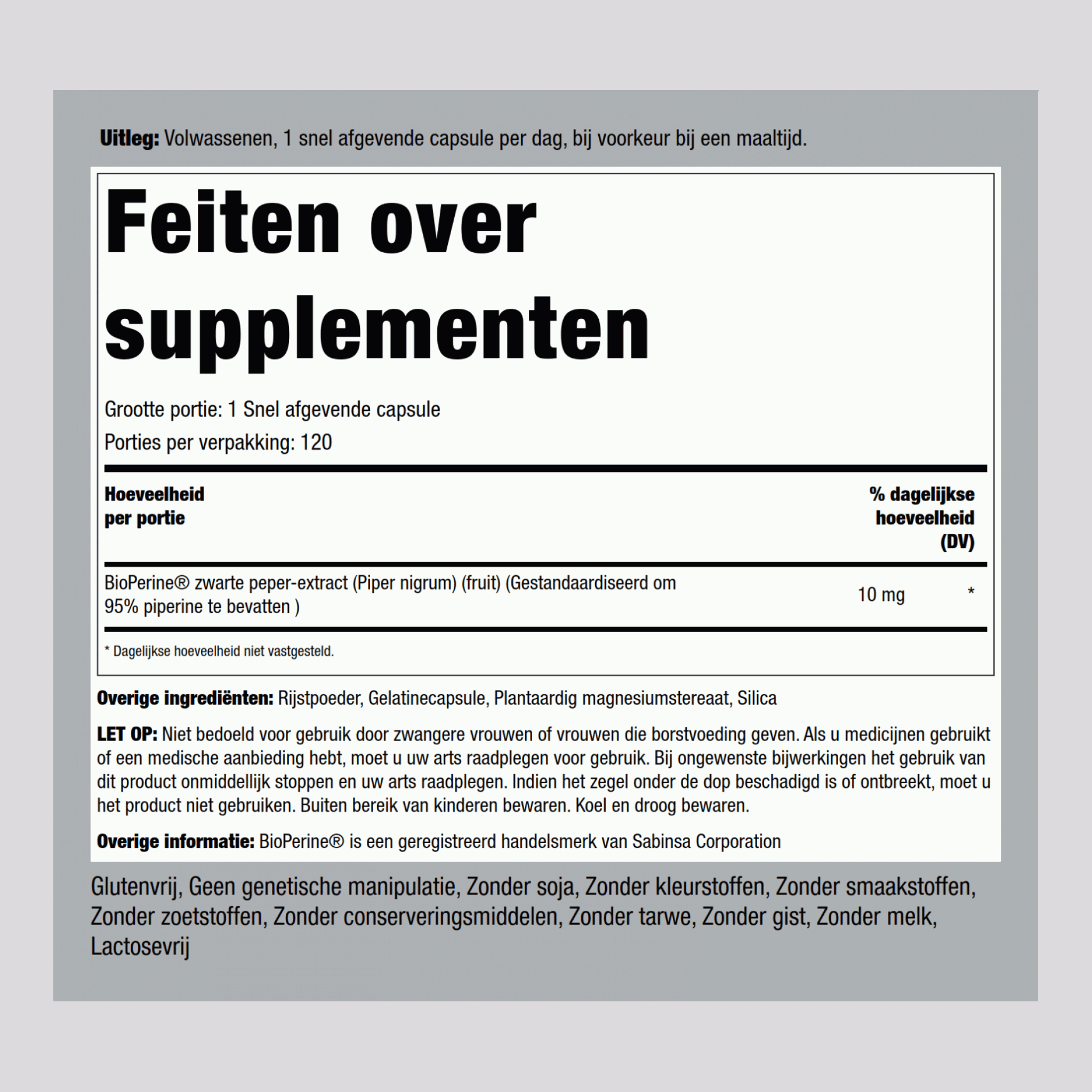 Bioperine verbetert voedingsstofopname 10 mg 120 Snel afgevende capsules     