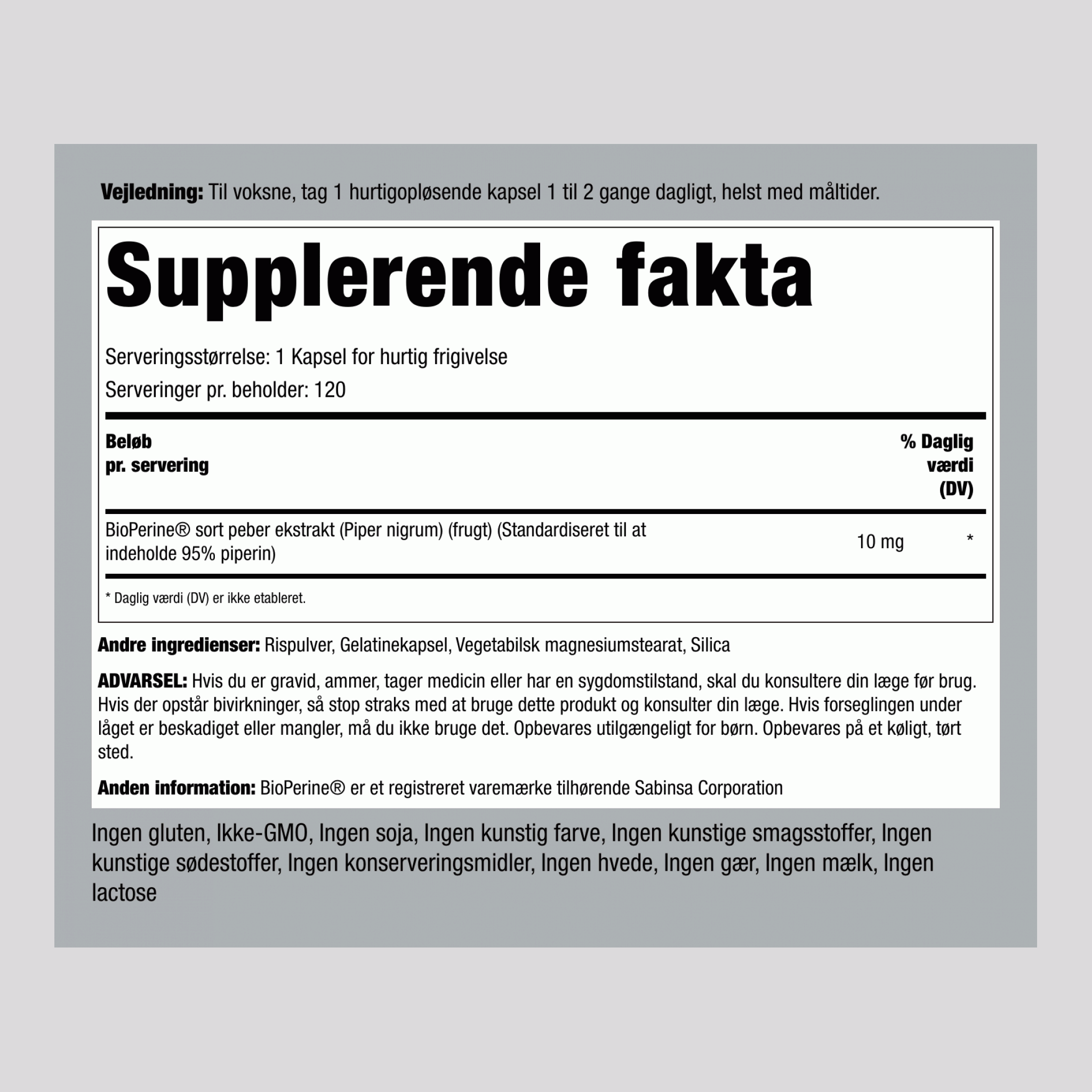 Bioperin til forbedring af næringsoptagelsen 10 mg 120 Kapsler for hurtig frigivelse 2 Flasker   