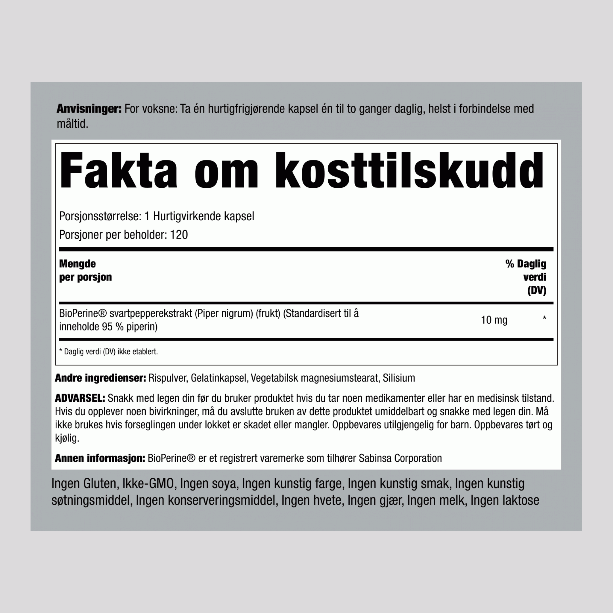 Bioperin for forbedret næringsopptak 10 mg 120 Hurtigvirkende kapsler 2 Flasker   