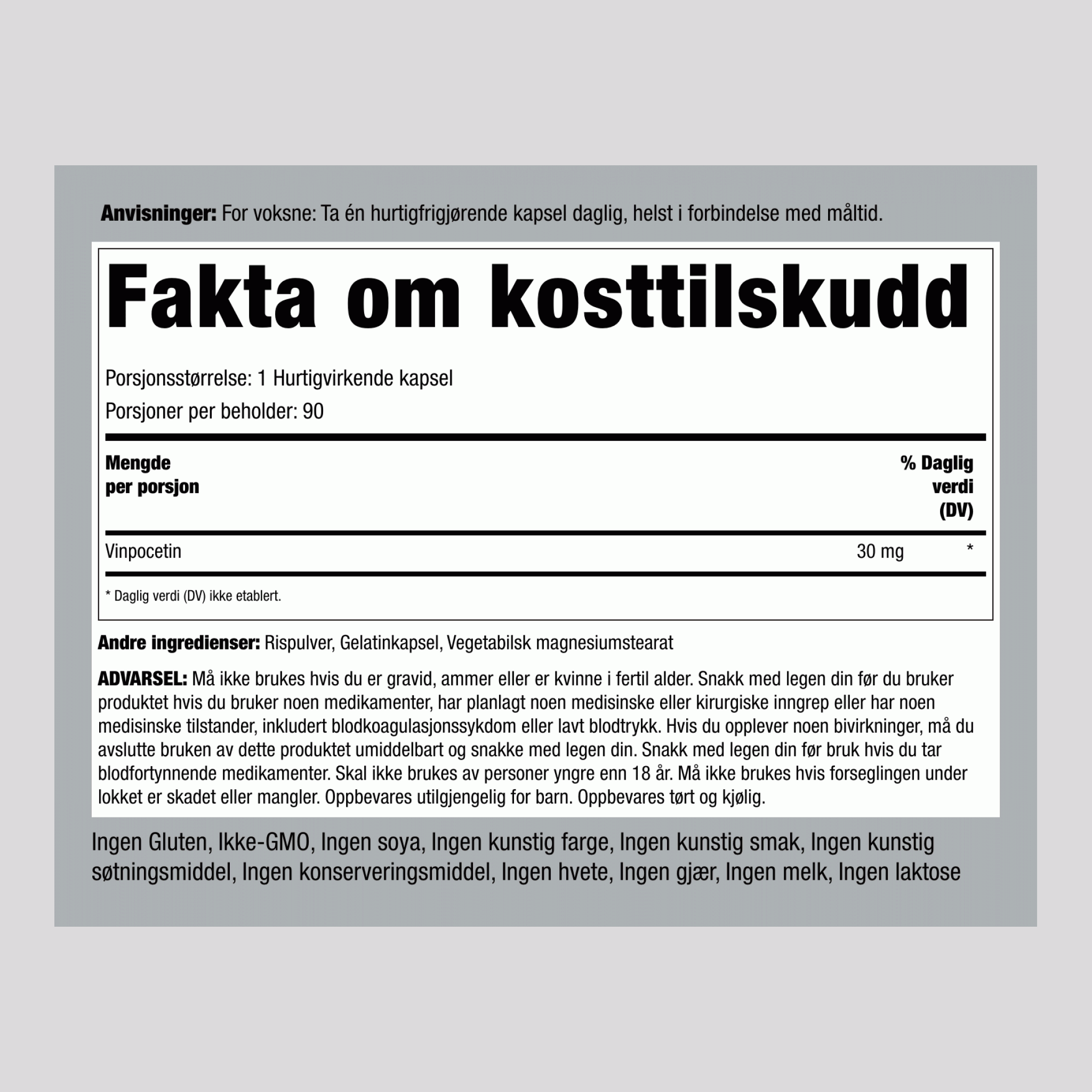 Supersterk vinpocetin  30 mg 90 Hurtigvirkende kapsler 2 Flasker    