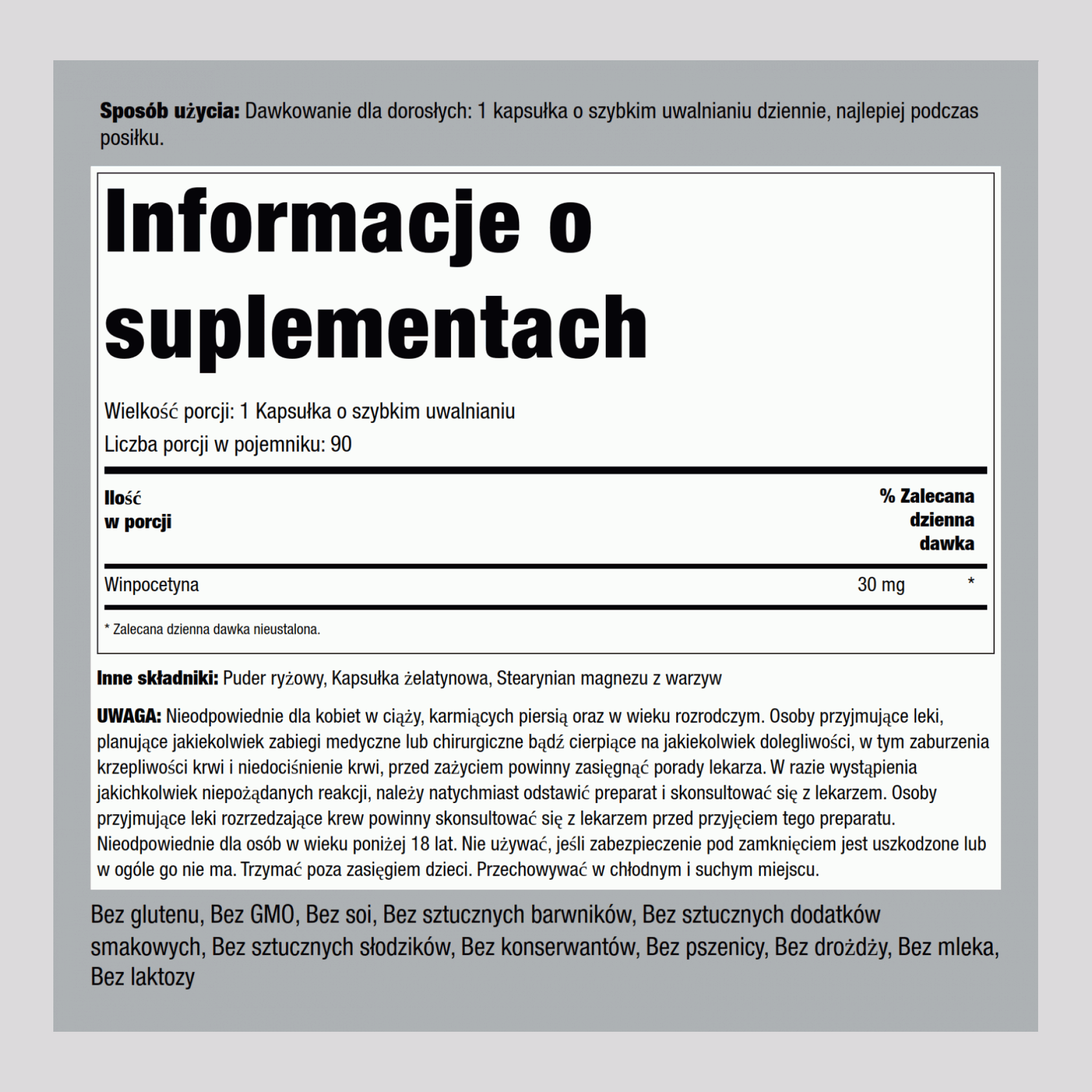 Winpocetyna o wzmocnionym działaniu  30 mg 90 Kapsułki o szybkim uwalnianiu 2 Butelki    