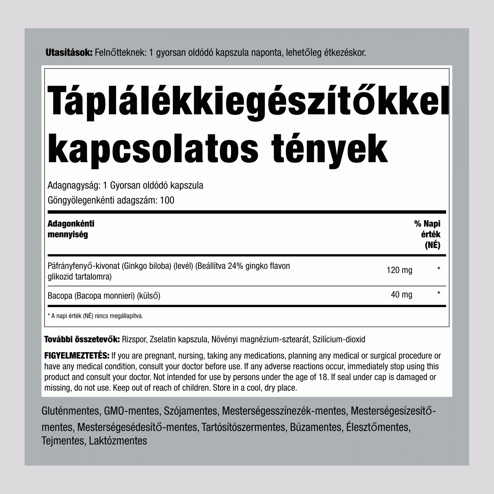 Ginkgo Biloba Szabványosított Kivonat 120 mg 100 Gyorsan oldódó kapszula     