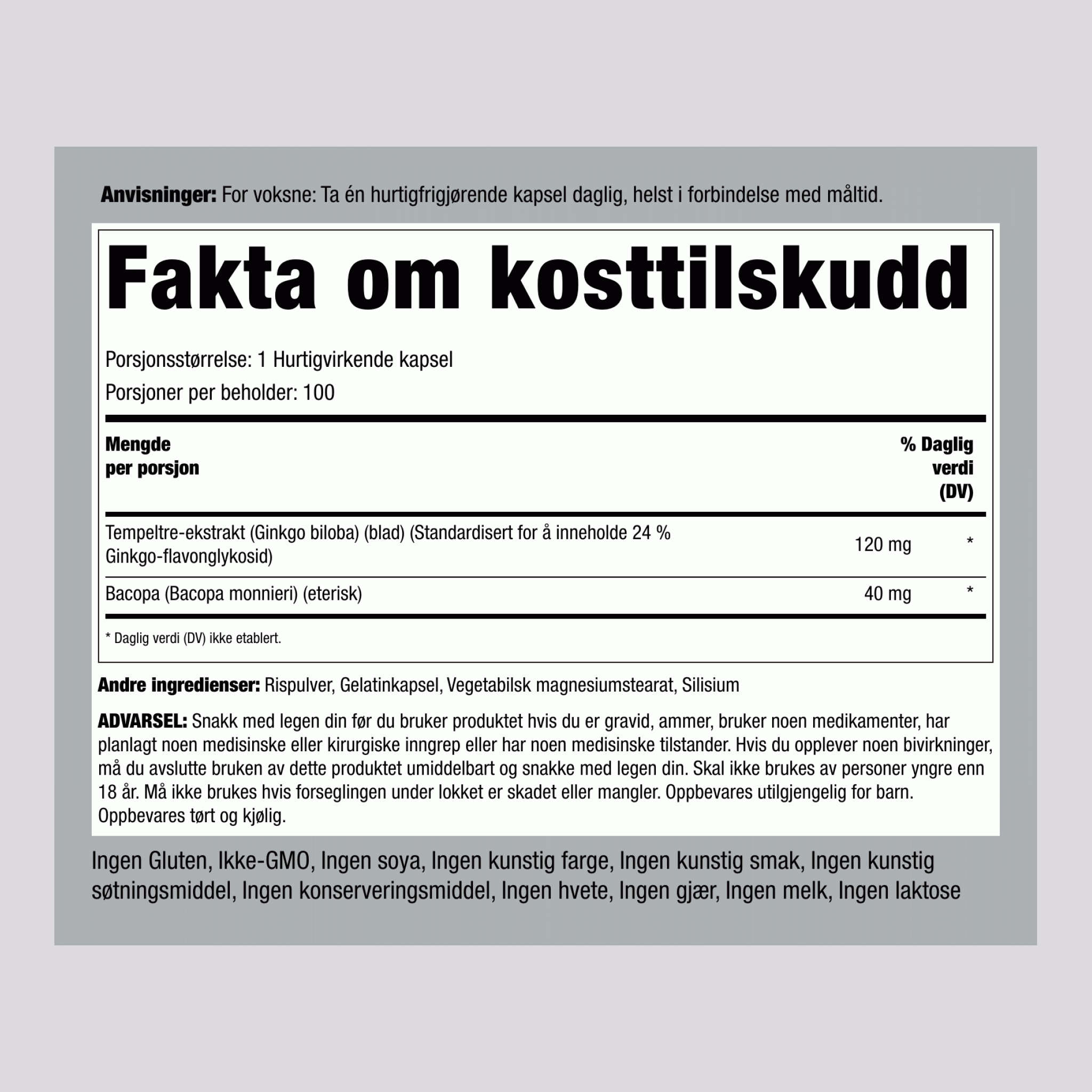 Ginkgo Biloba Standardisert Ekstrakt 120 mg 100 Hurtigvirkende kapsler     