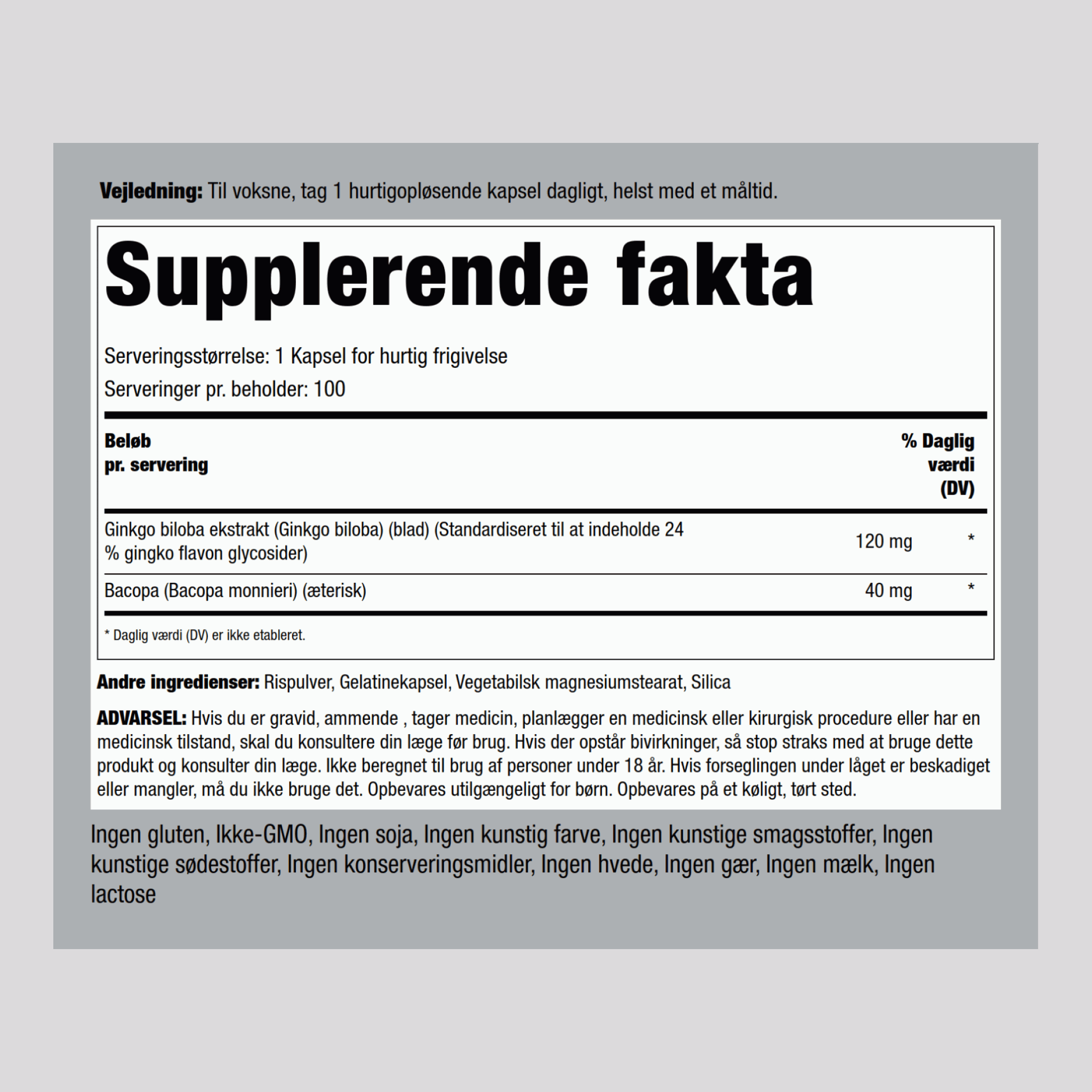 Ginkgo Biloba Standardiseret Ekstrakt 120 mg 100 Kapsler for hurtig frigivelse     