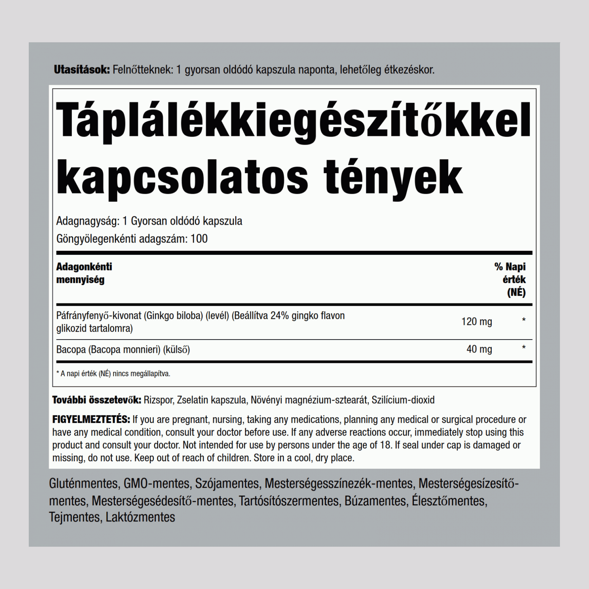 Ginkgo Biloba Szabványosított Kivonat 120 mg 100 Gyorsan oldódó kapszula     