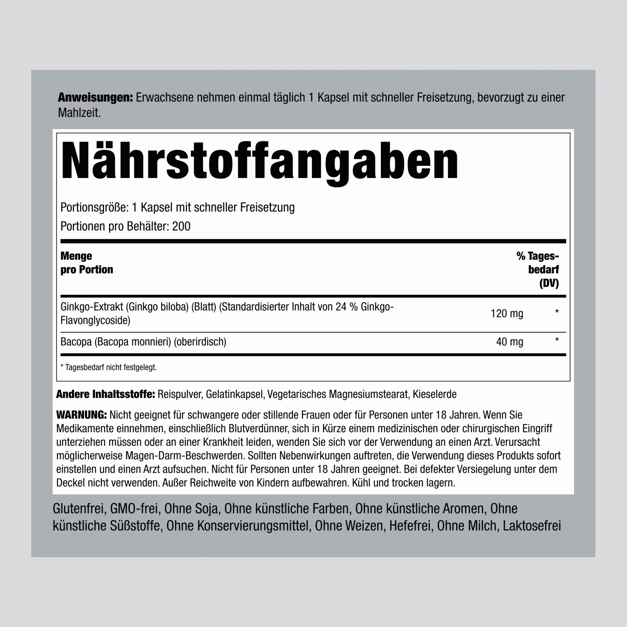 Ginkobaum Standardisierter Extrakt 120 mg 200 Kapseln mit schneller Freisetzung     