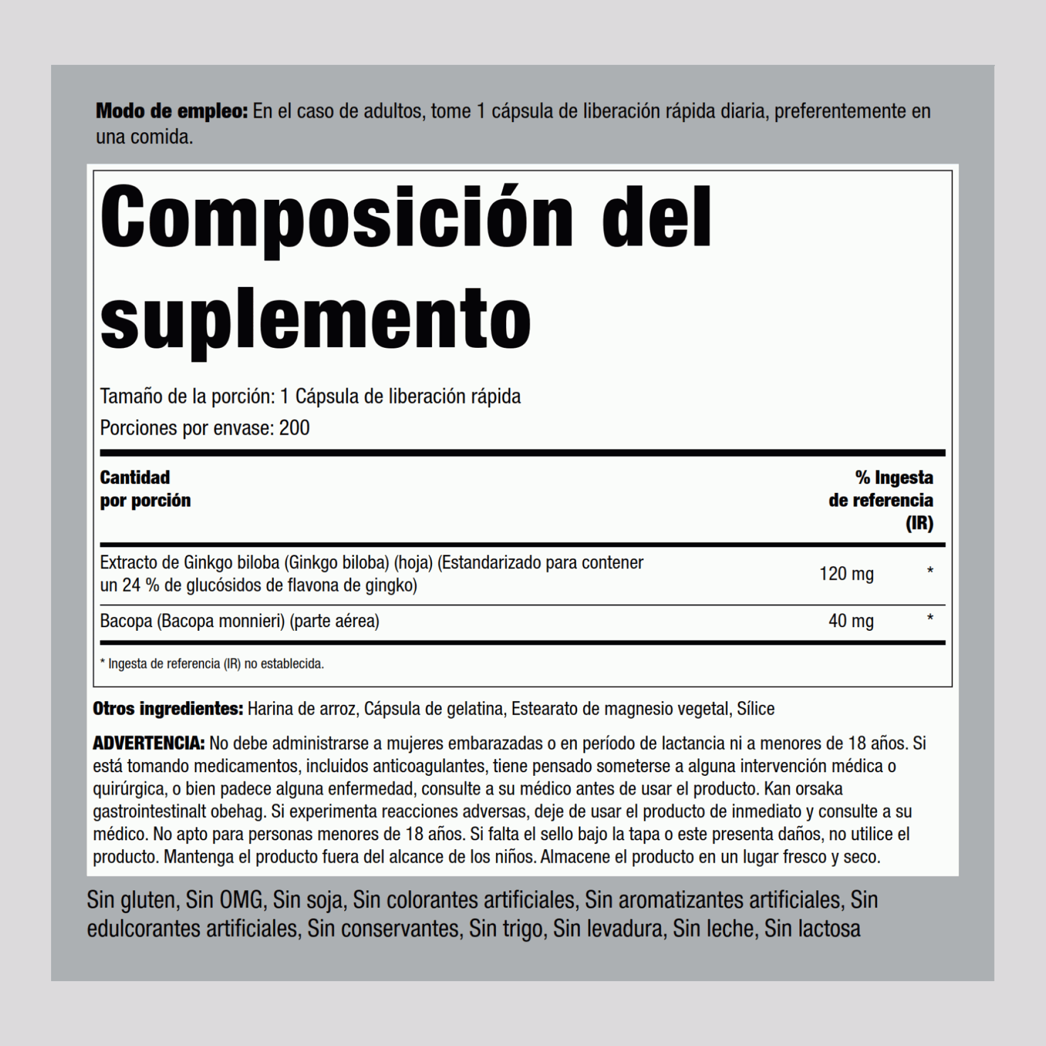 Extracto de Ginkgo Biloba Estandarizado 120 mg 200 Cápsulas de liberación rápida     